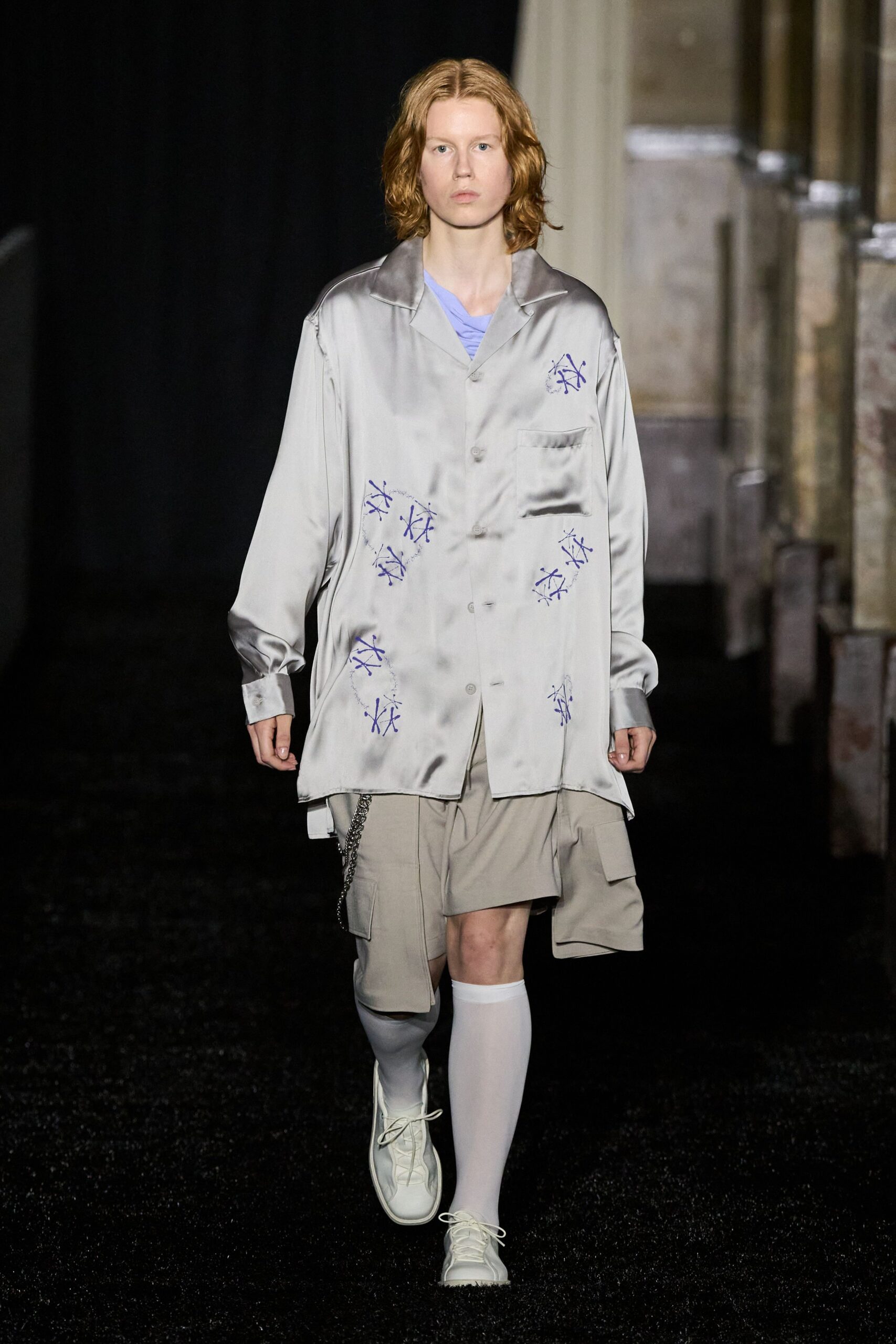 gray silk long-sleeve collared relaxed embroidered shirt
