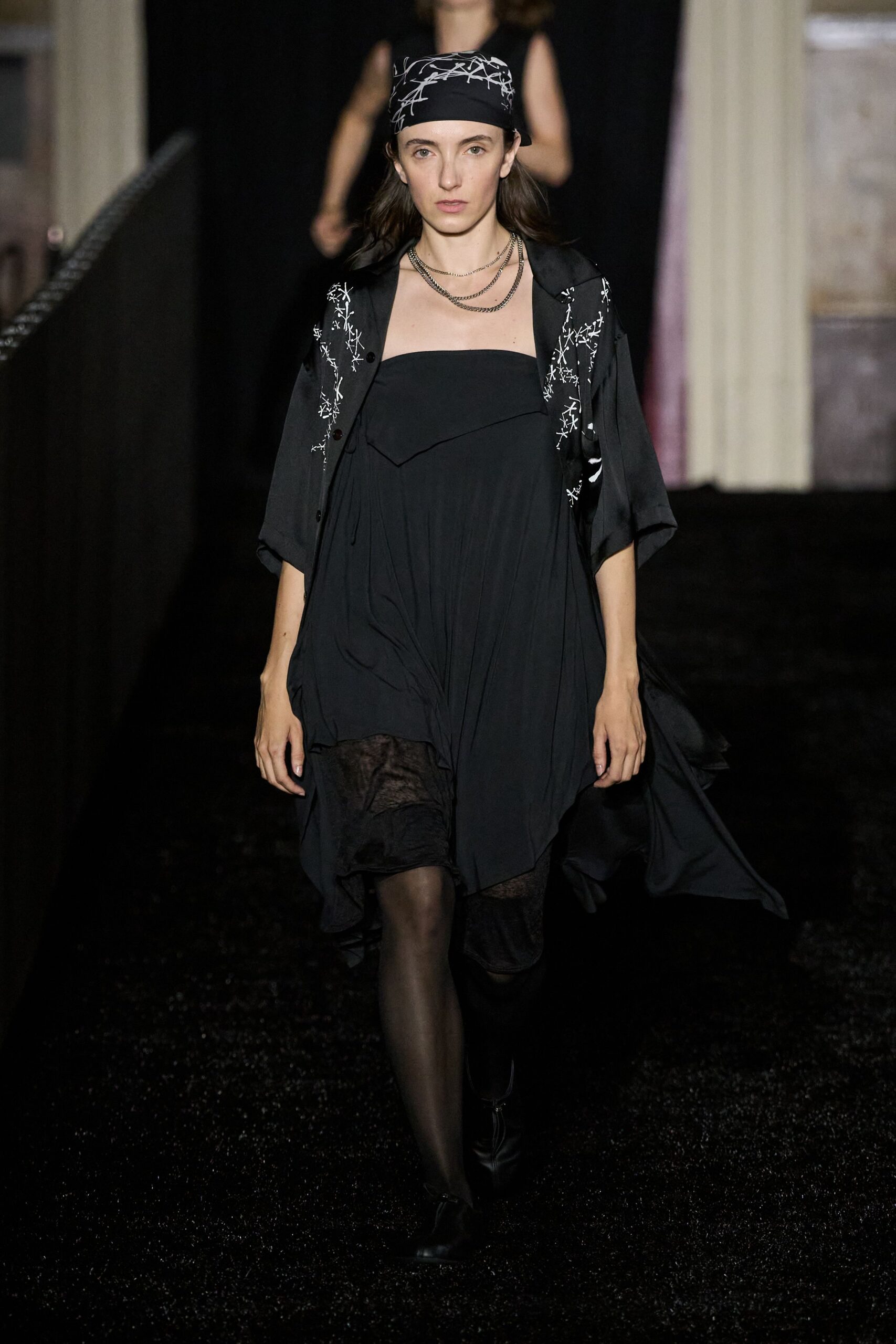 black silk sleeveless v-neck relaxed embroidered midi dress