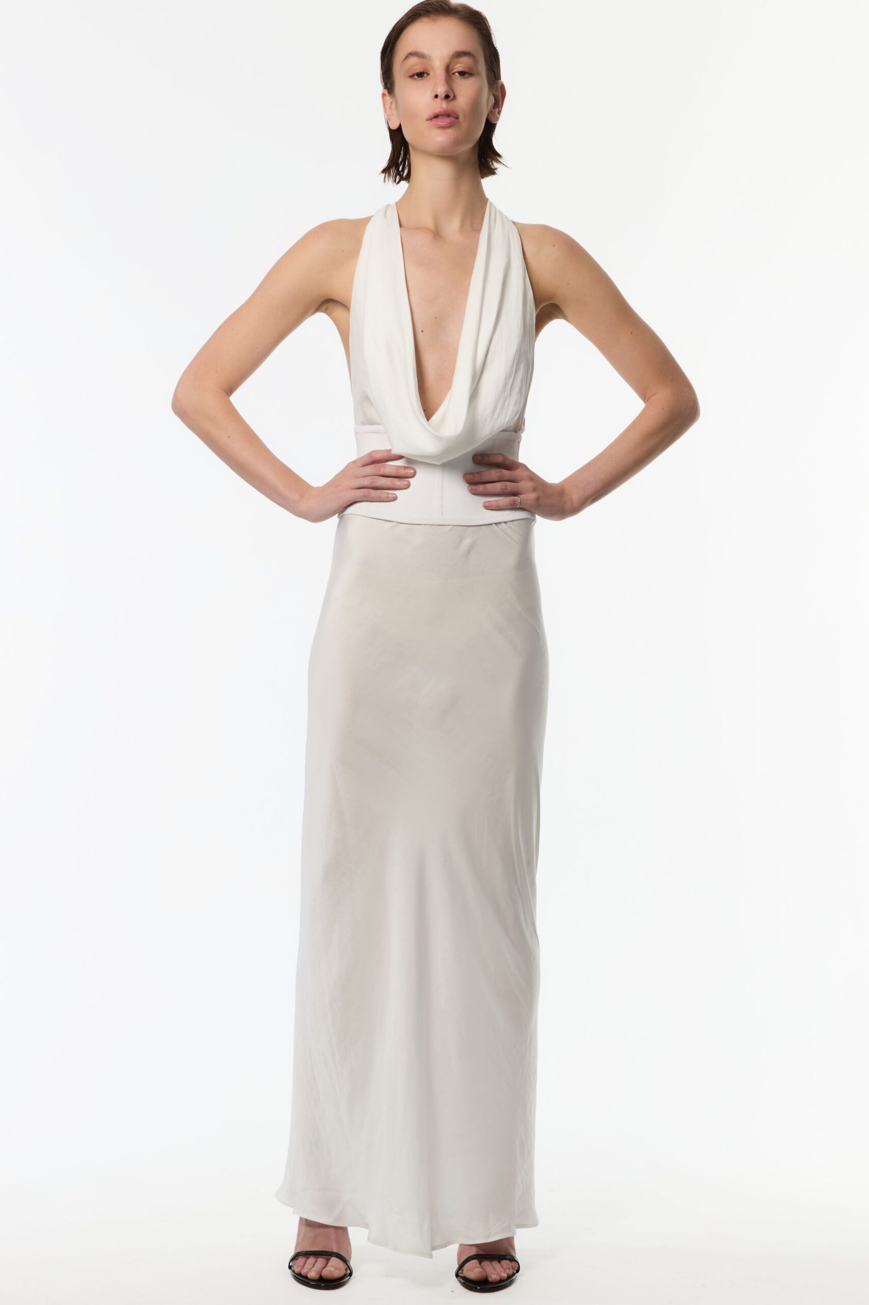 white silk sleeveless v-neck fitted draped flowing gown