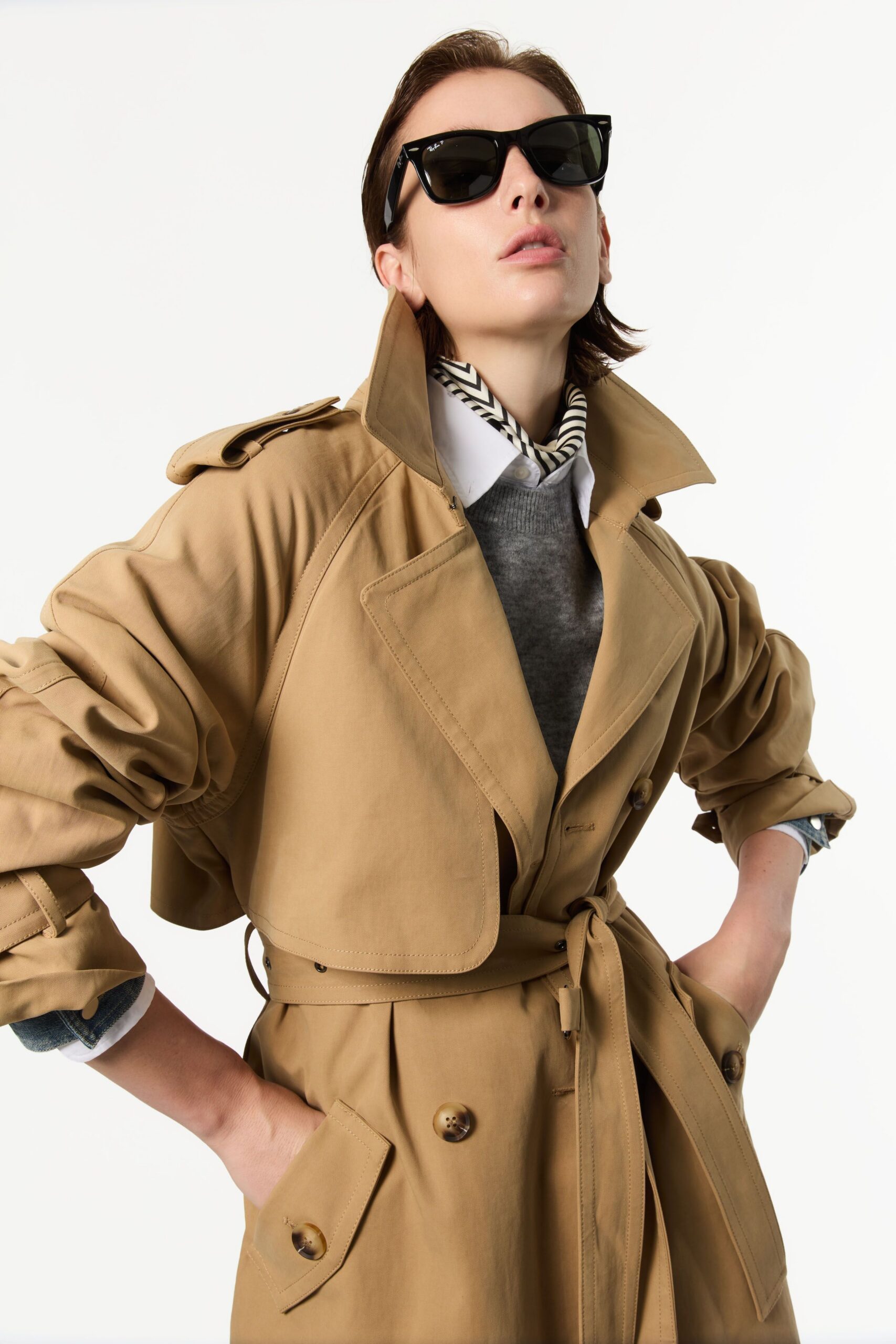 beige cotton long-sleeve collared relaxed belted trench