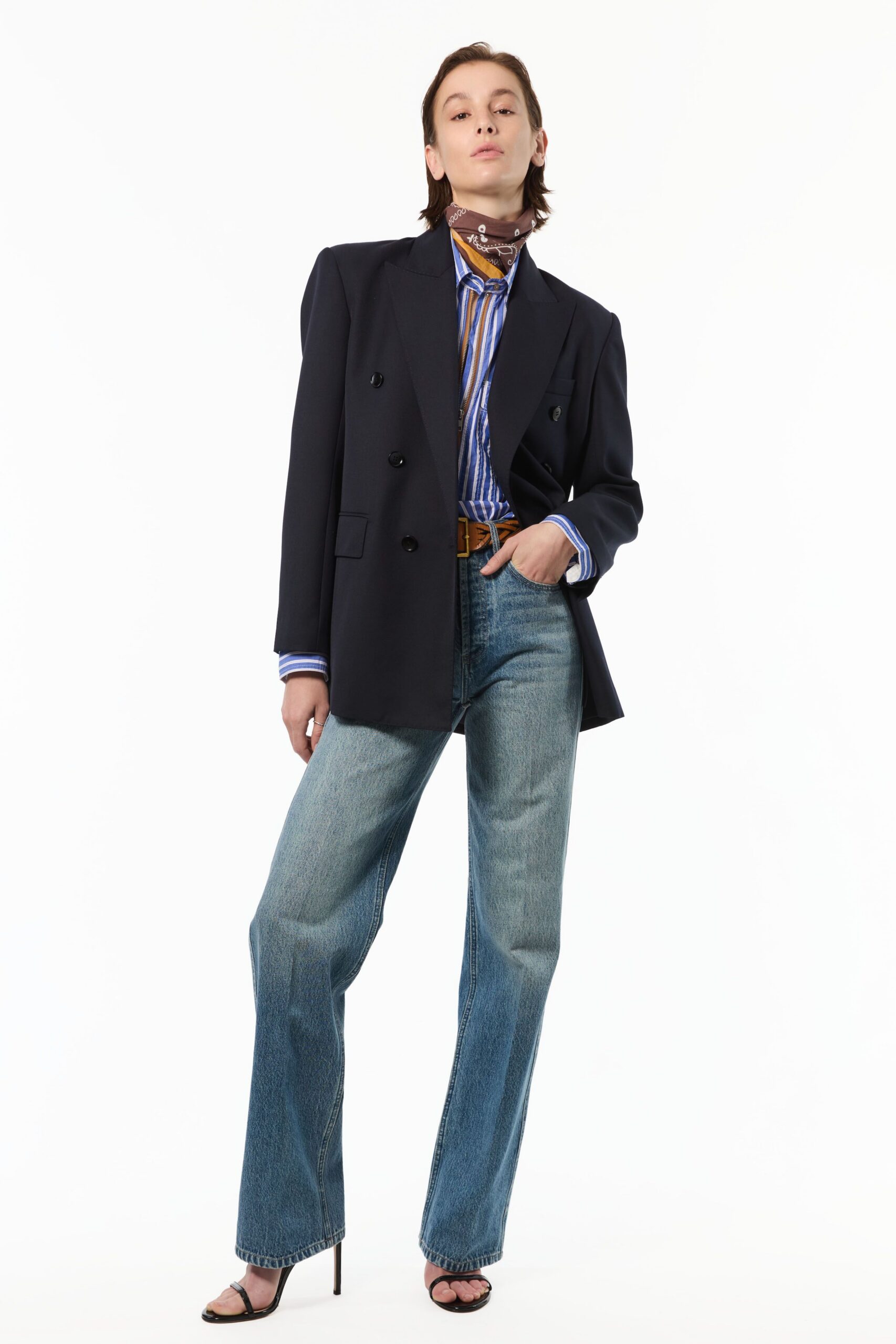 blue long-sleeve collared fitted striped shirt