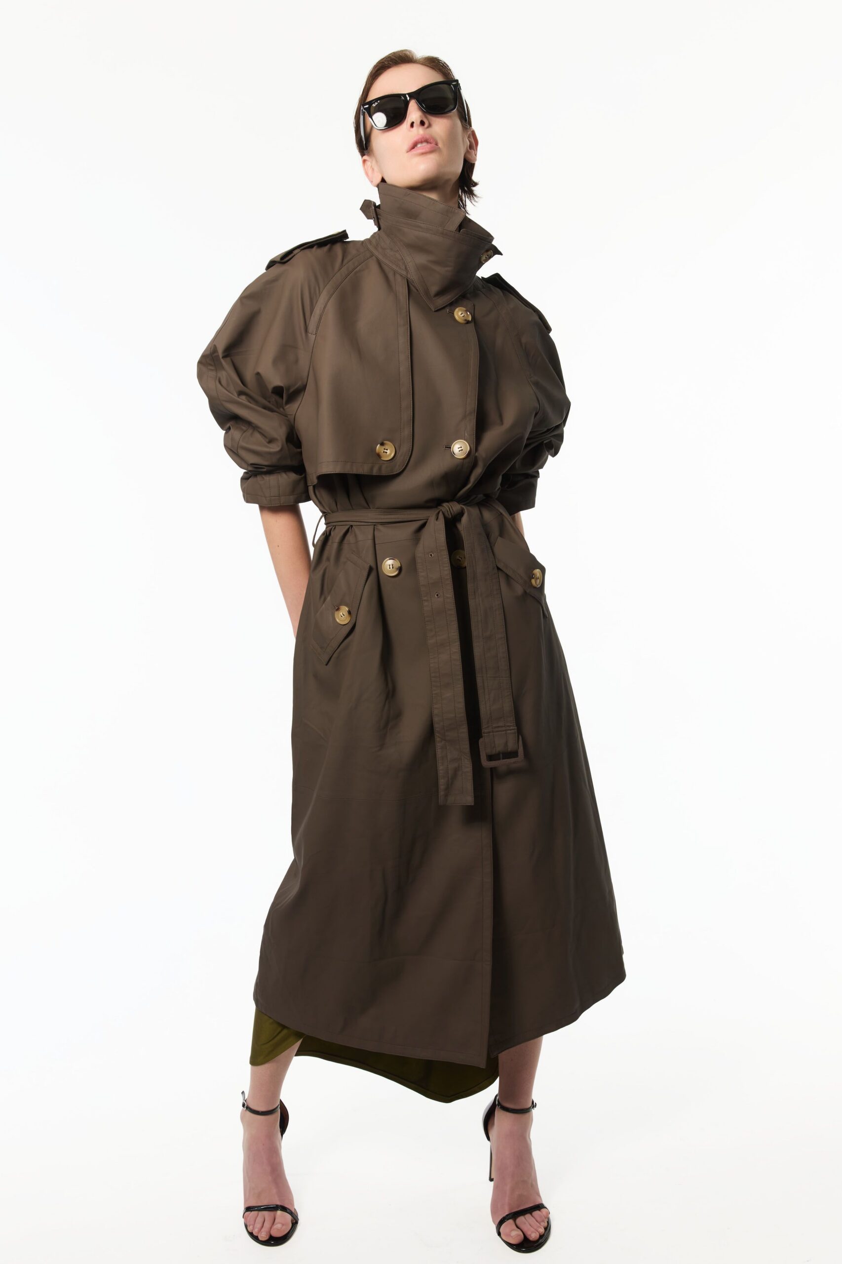 brown cotton long-sleeve collared relaxed belted midi trench