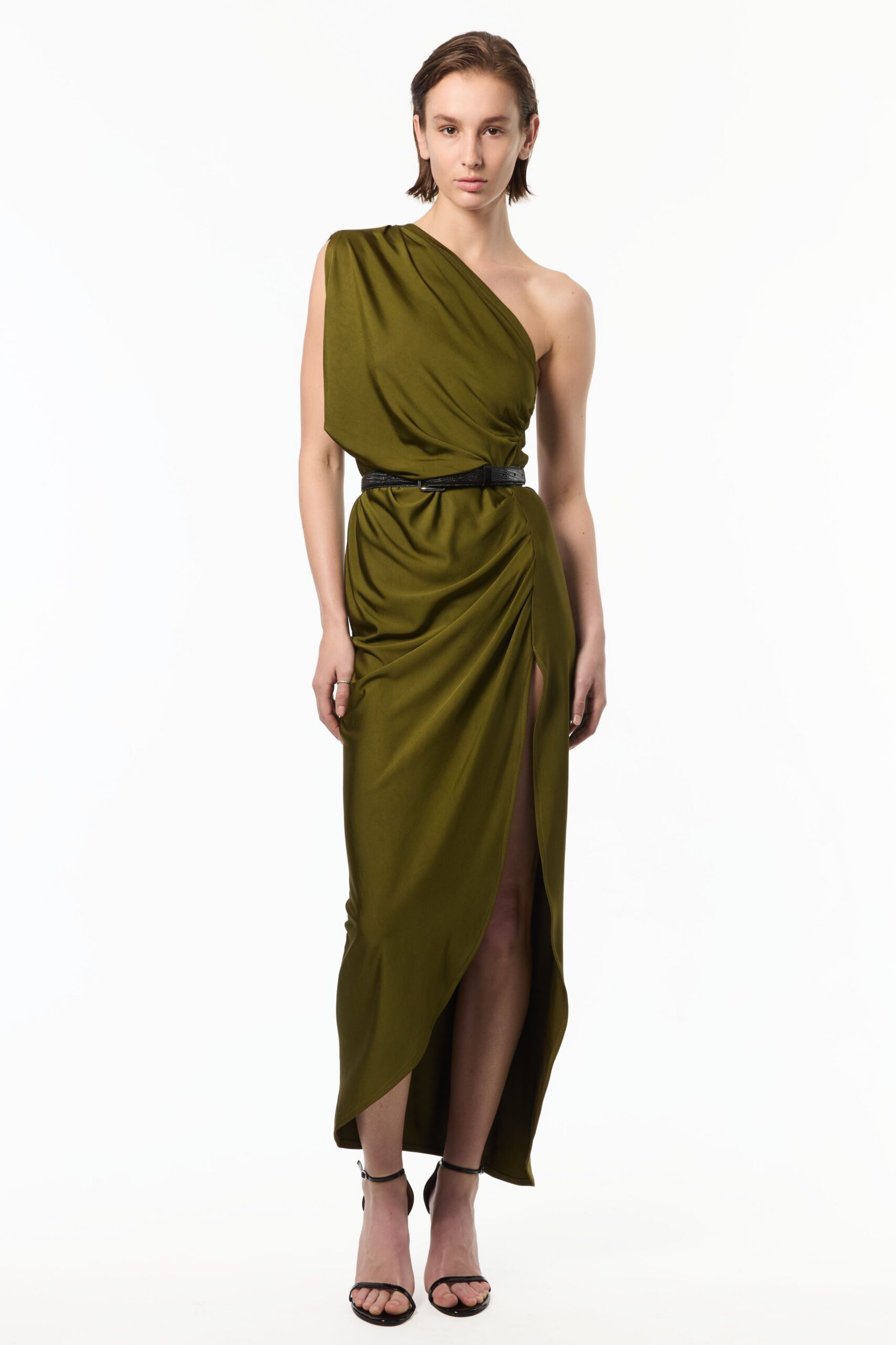 green silk sleeveless high-neck fitted draped maxi gown