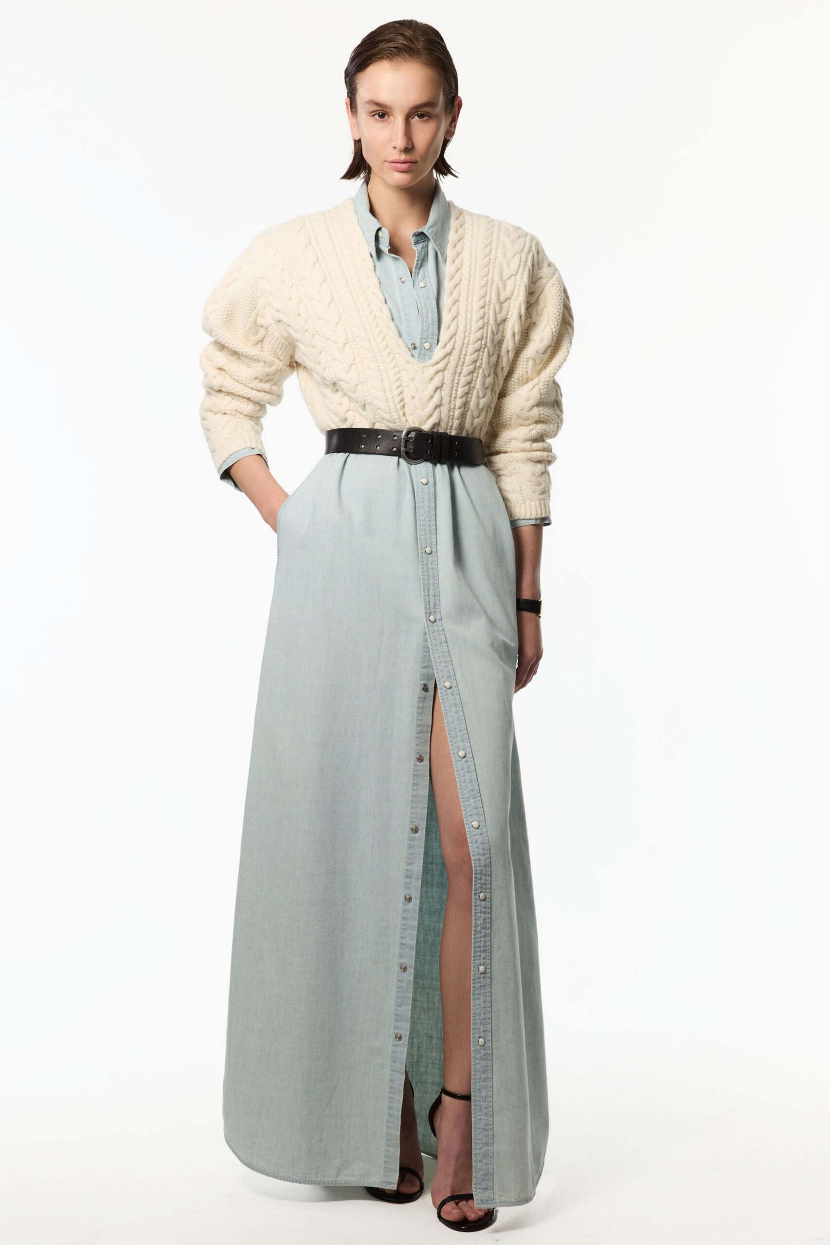 blue denim long-sleeve collared fitted buttoned maxi dress