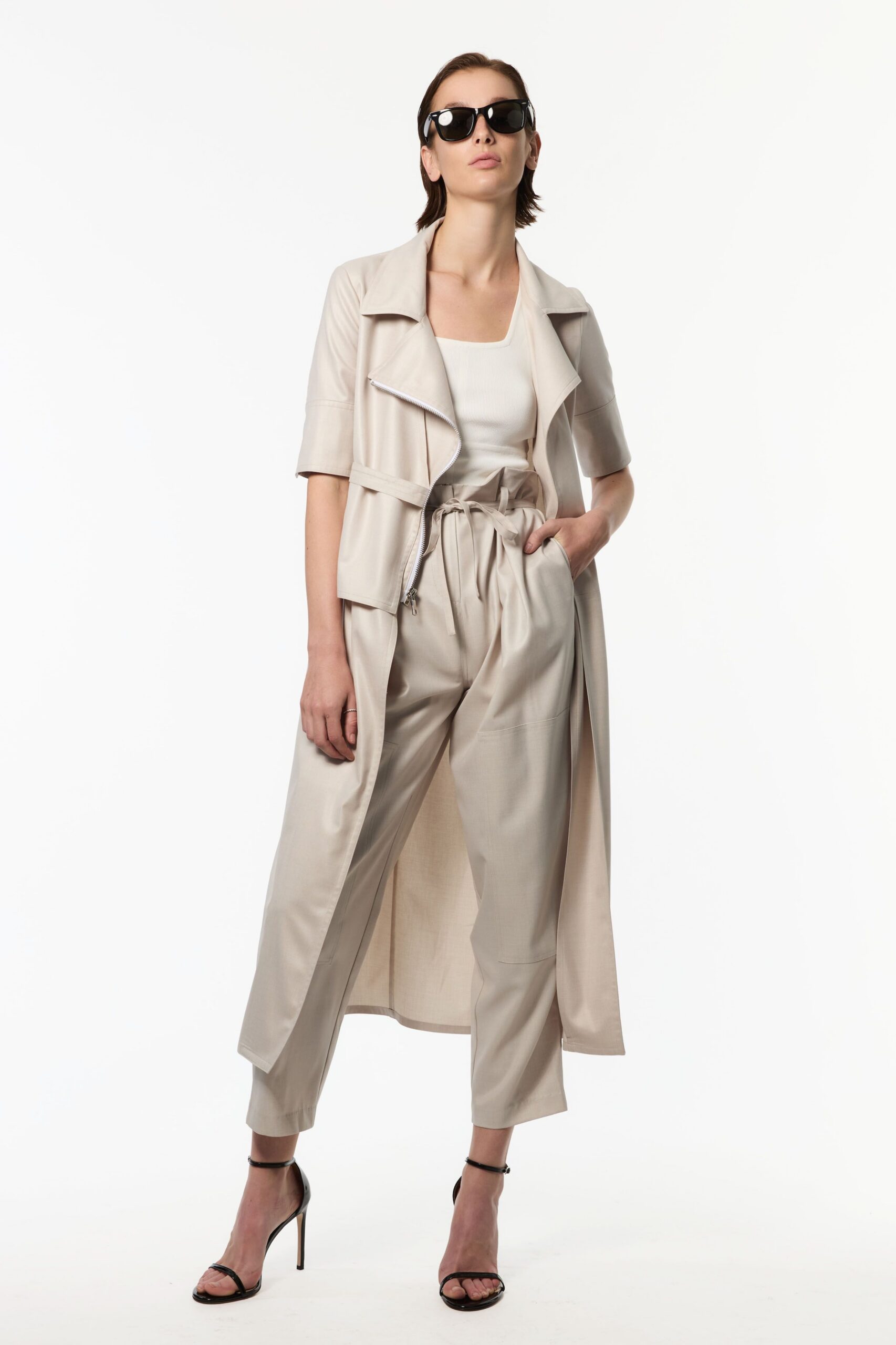 beige silk short-sleeve collared relaxed layered trench