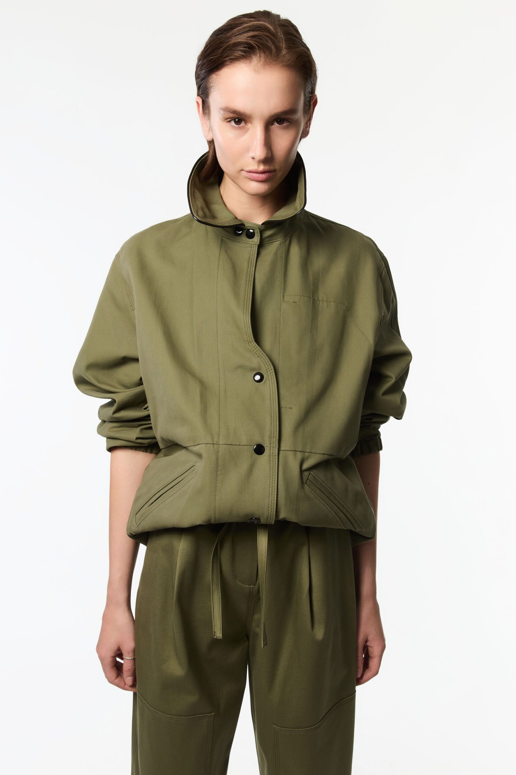 green cotton long-sleeve collared relaxed jacket