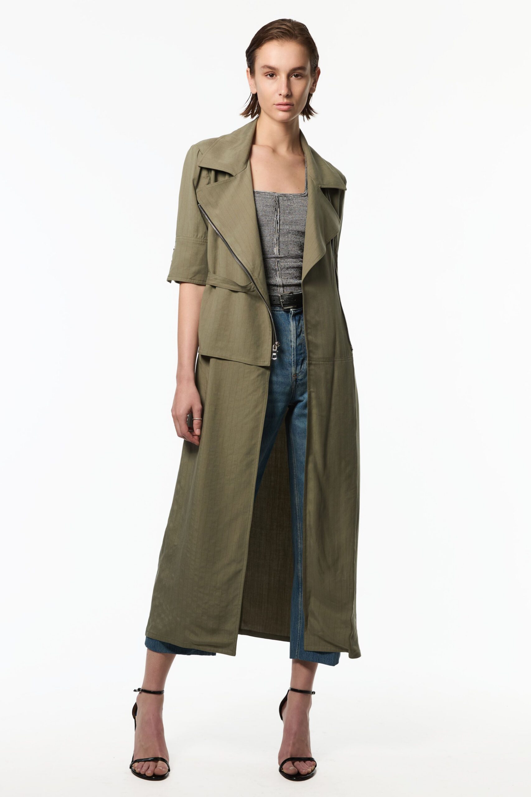 green cotton long-sleeve collared relaxed zippered pockets coat