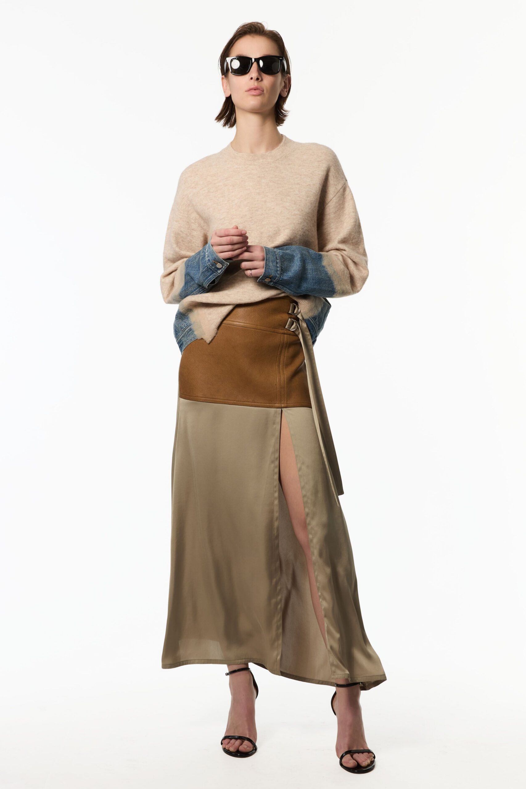gold silk slit fitted high-waisted layered midi skirt