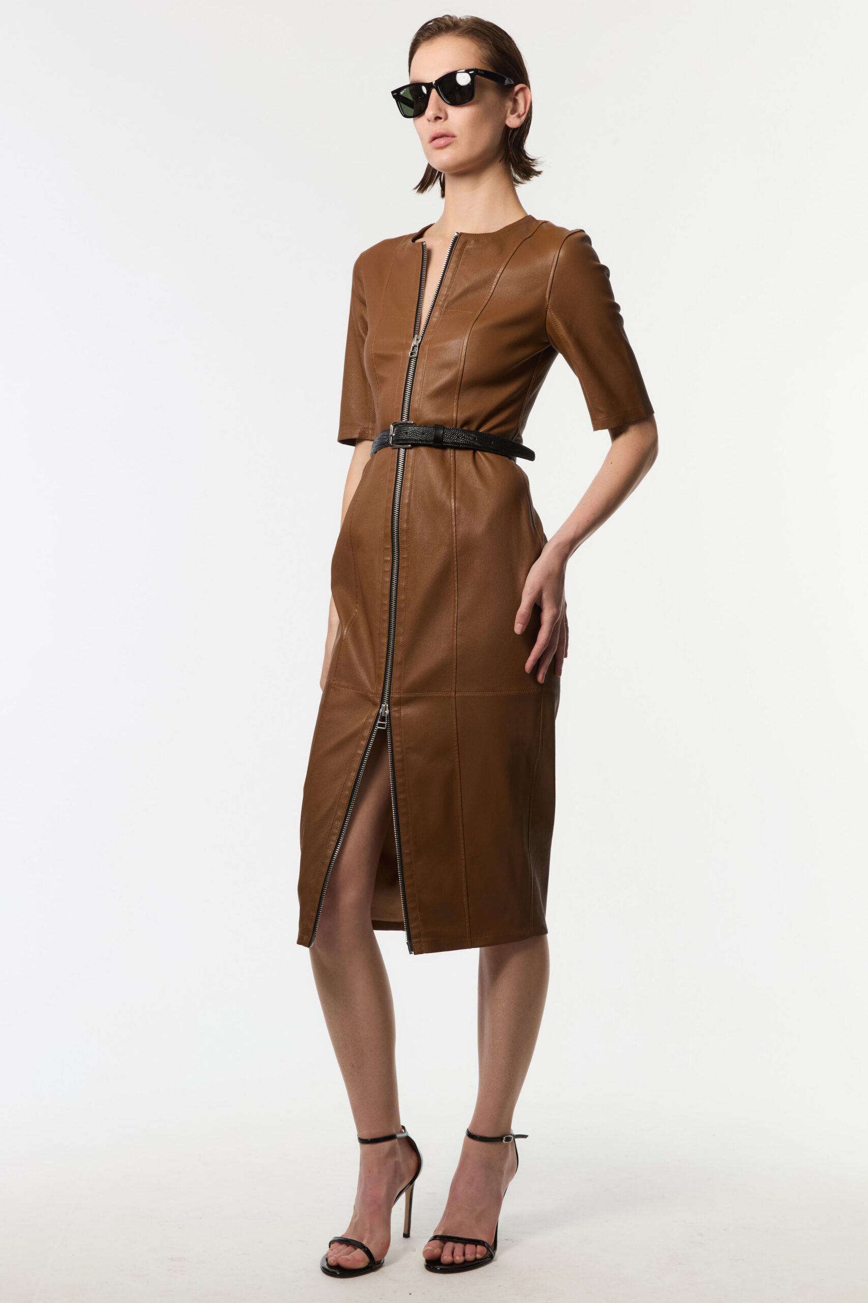 brown leather short-sleeve v-neck fitted zippered pencil dress