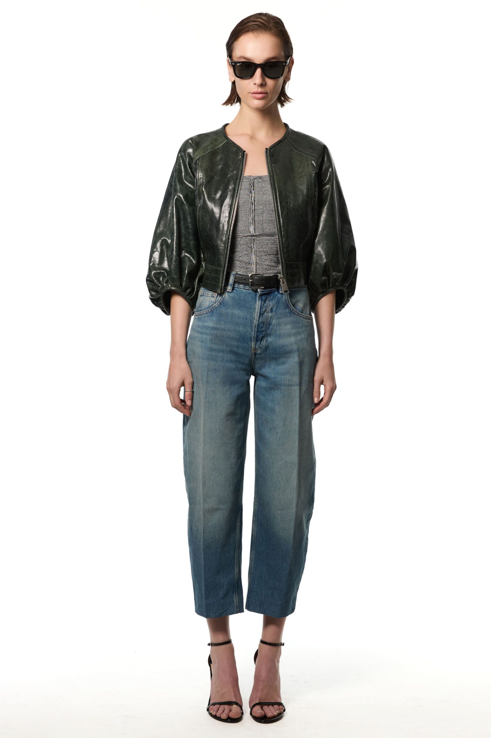 green leather long-sleeve collared relaxed jacket