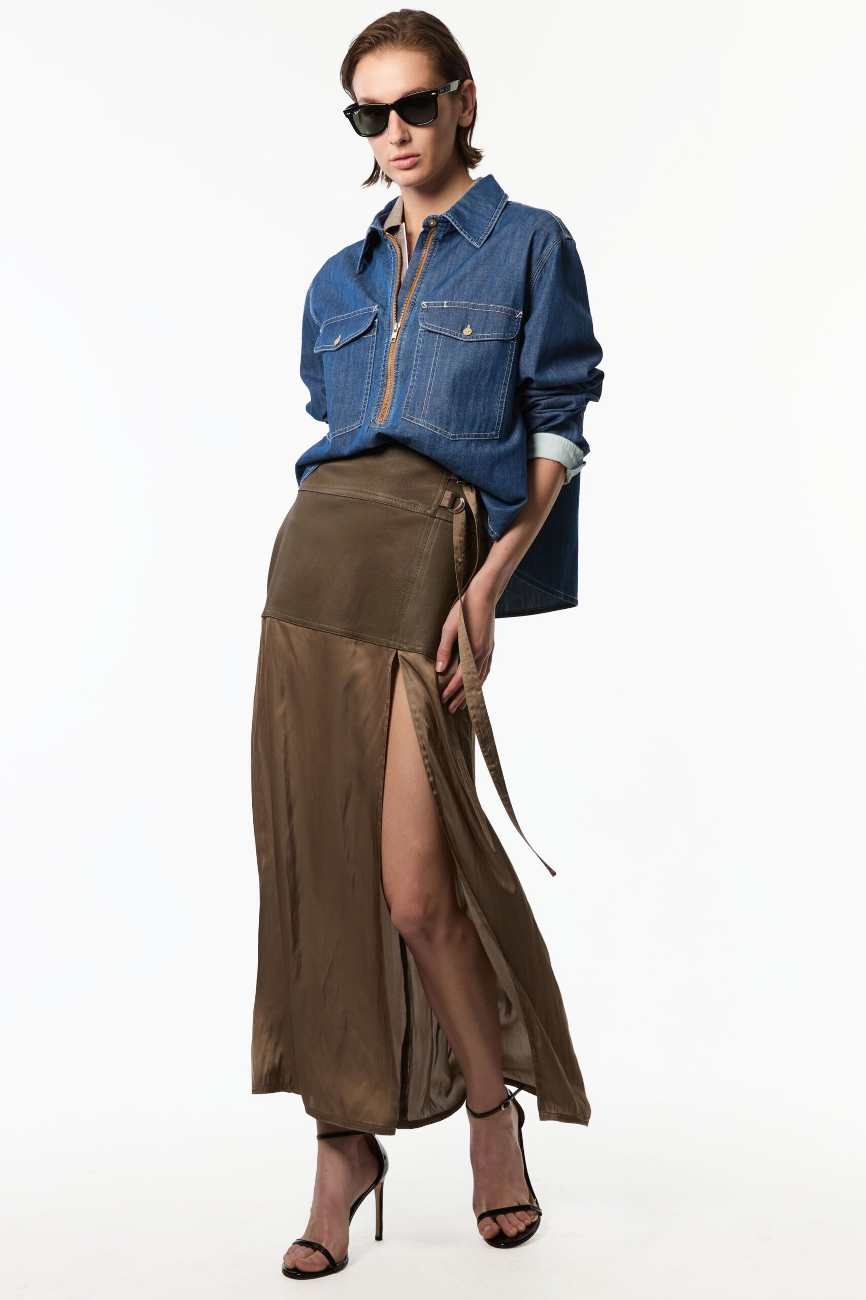 blue denim long-sleeve collared relaxed buttoned pockets shirt