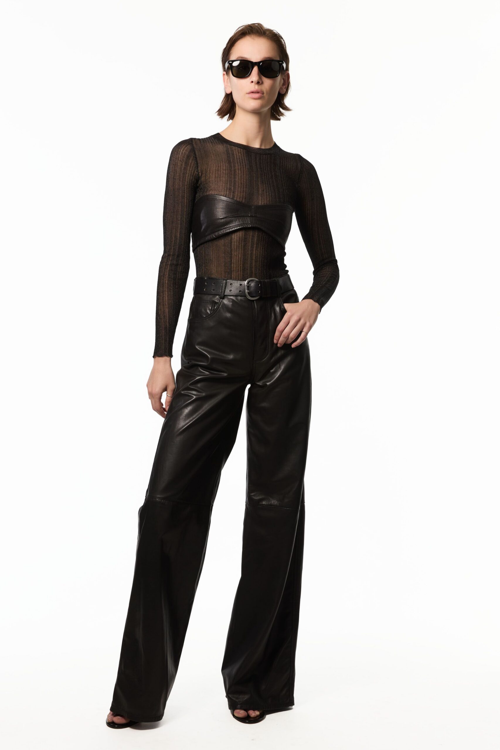 black leather relaxed wide-leg pants