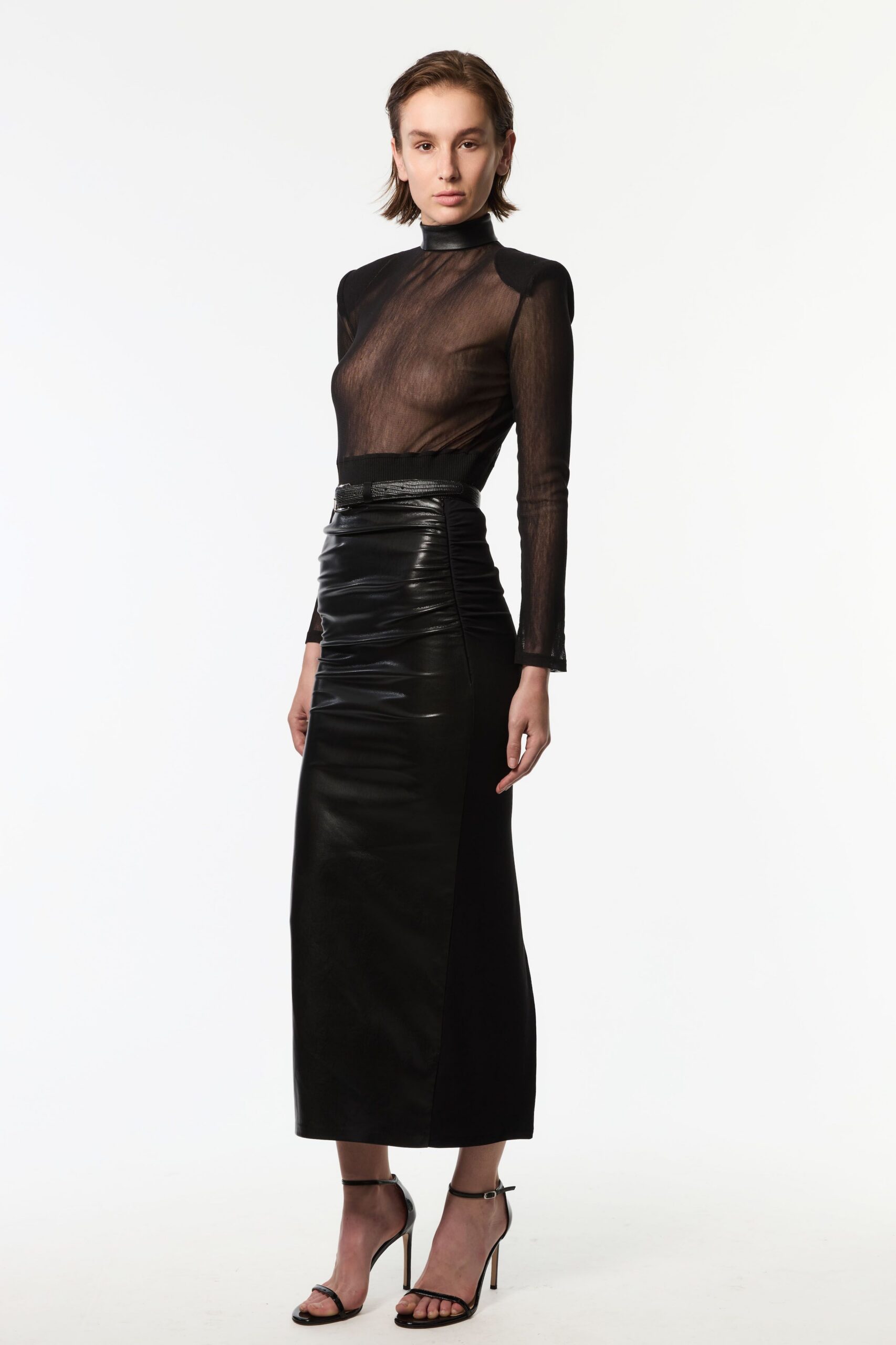 black leather fitted ruched midi skirt