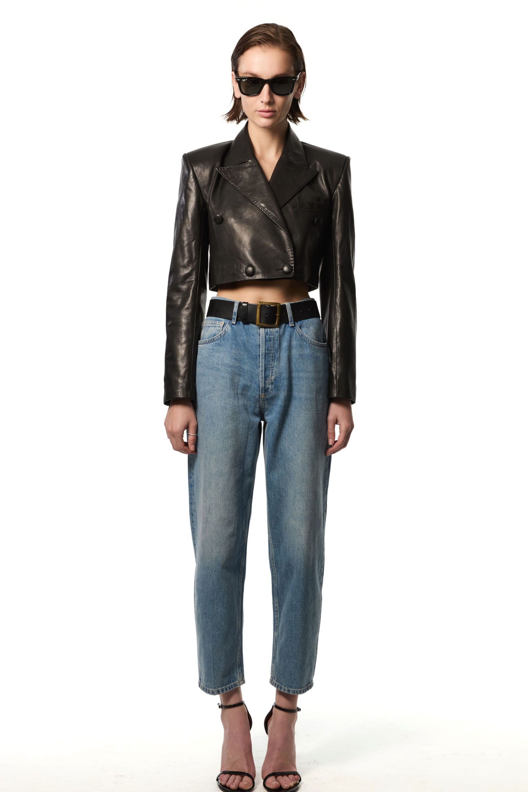 black leather long-sleeve collared fitted cropped jacket