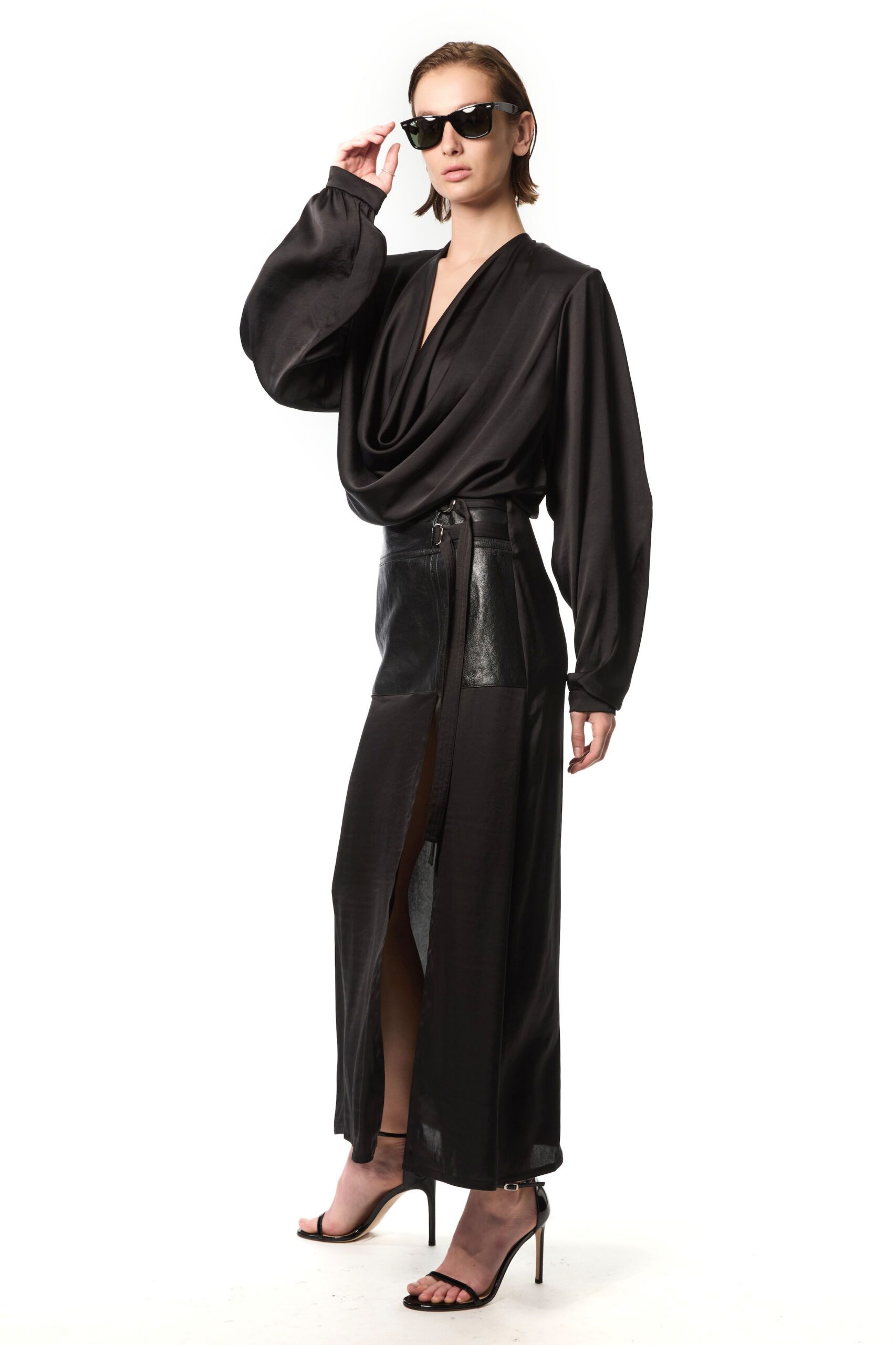 black silk long-sleeve v-neck fitted draped maxi dress