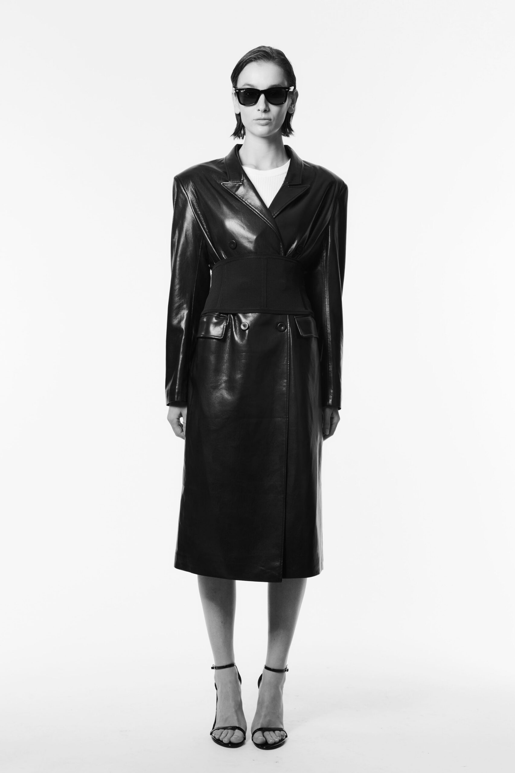 black leather long-sleeve collared fitted pockets midi dress