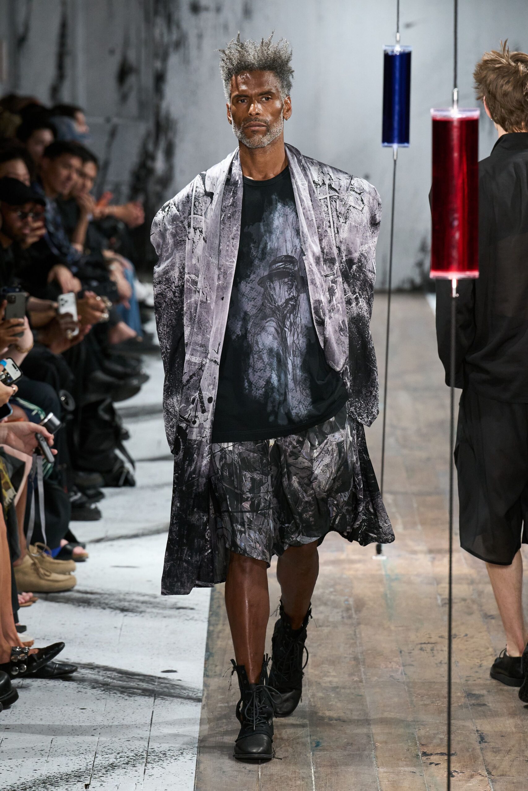 black gray printed coat t-shirt skirt