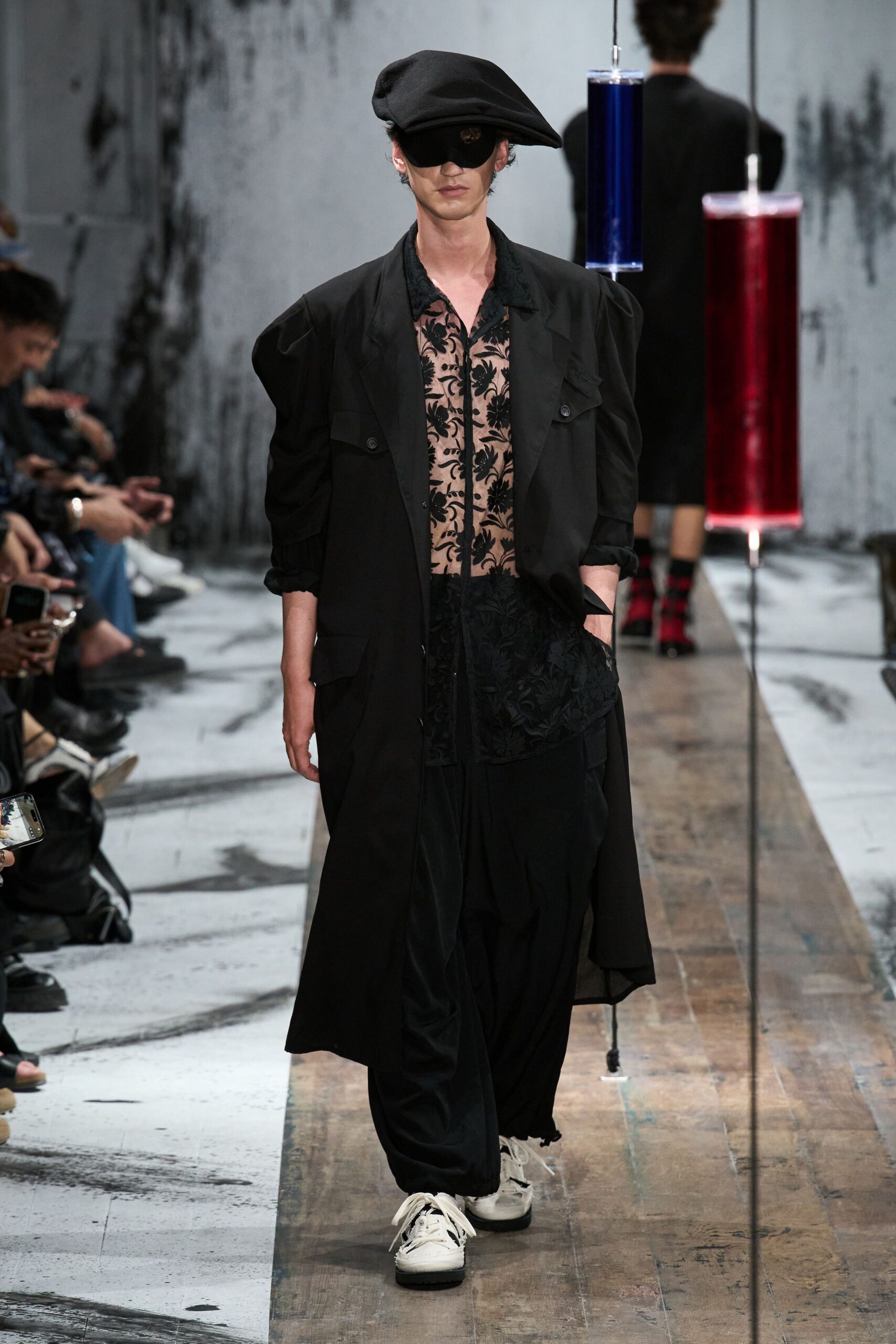 black coat with embroidered shirt