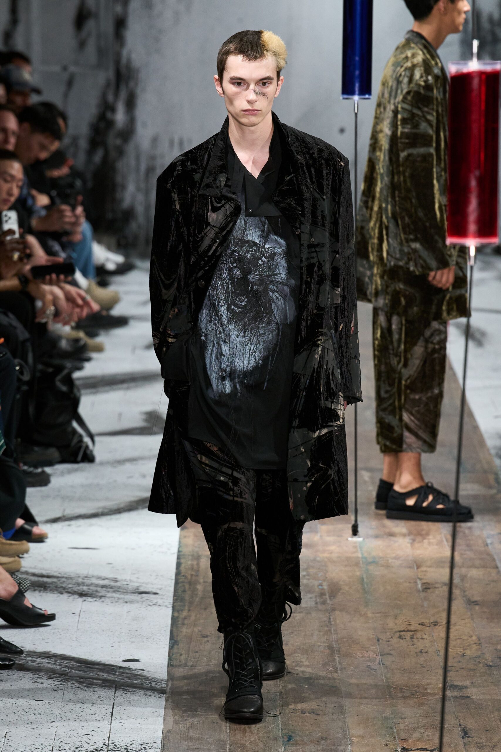 black velvet coat with printed t-shirt