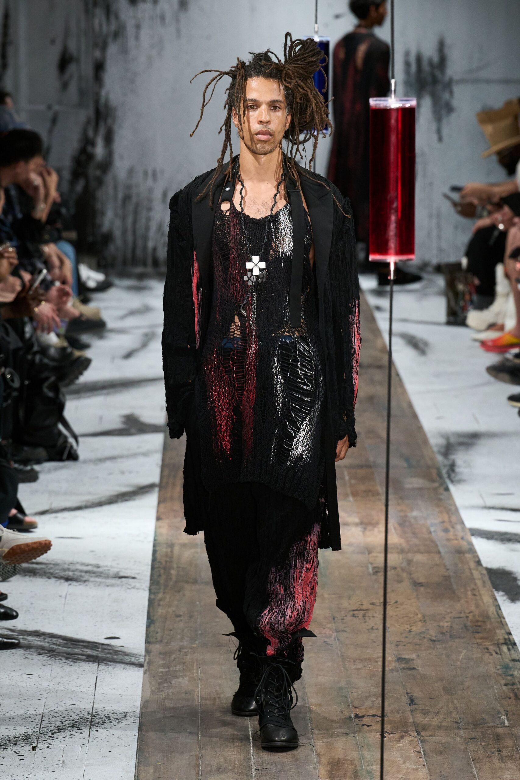 black silk jacket and jumpsuit