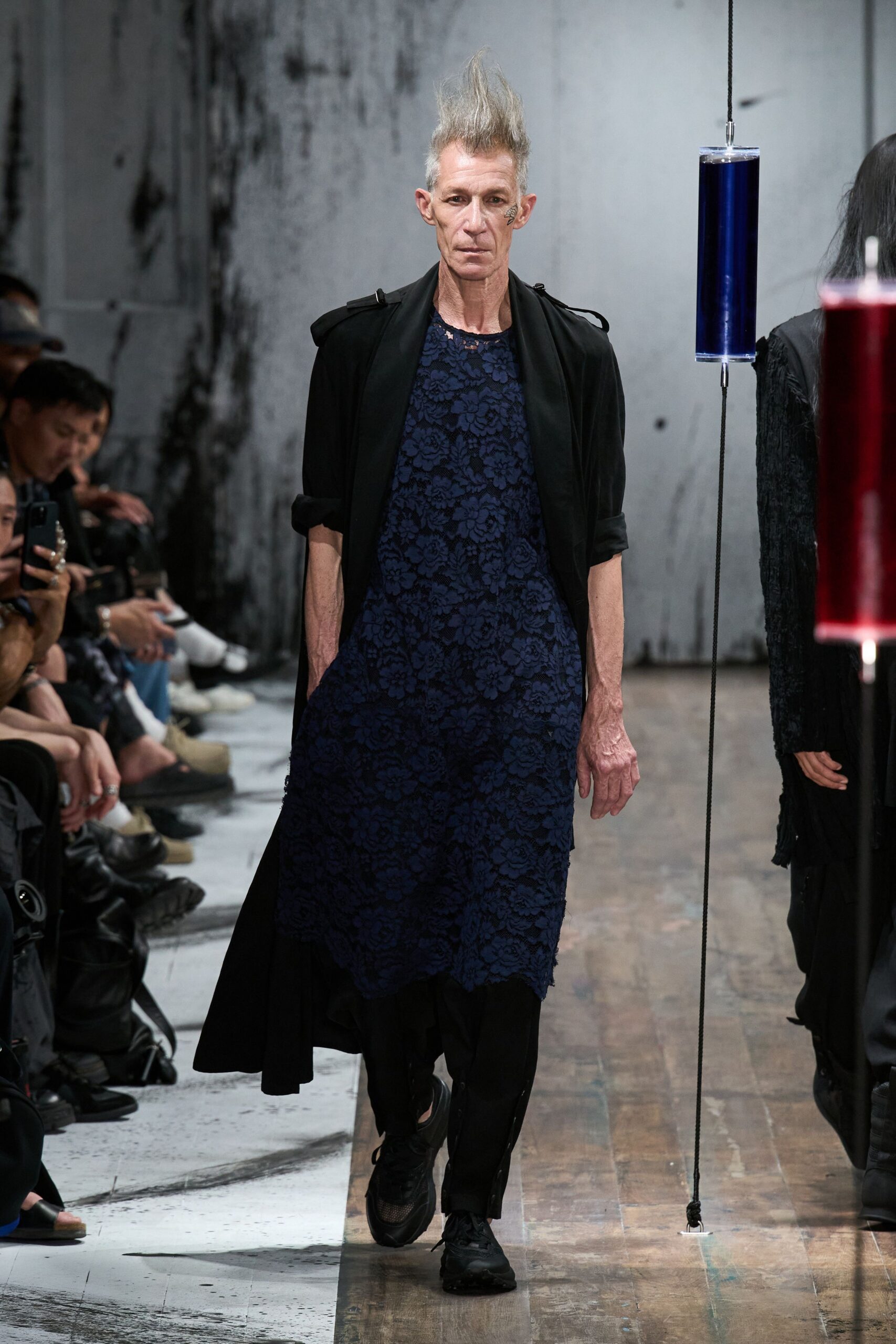 blue embroidered midi dress with black coat