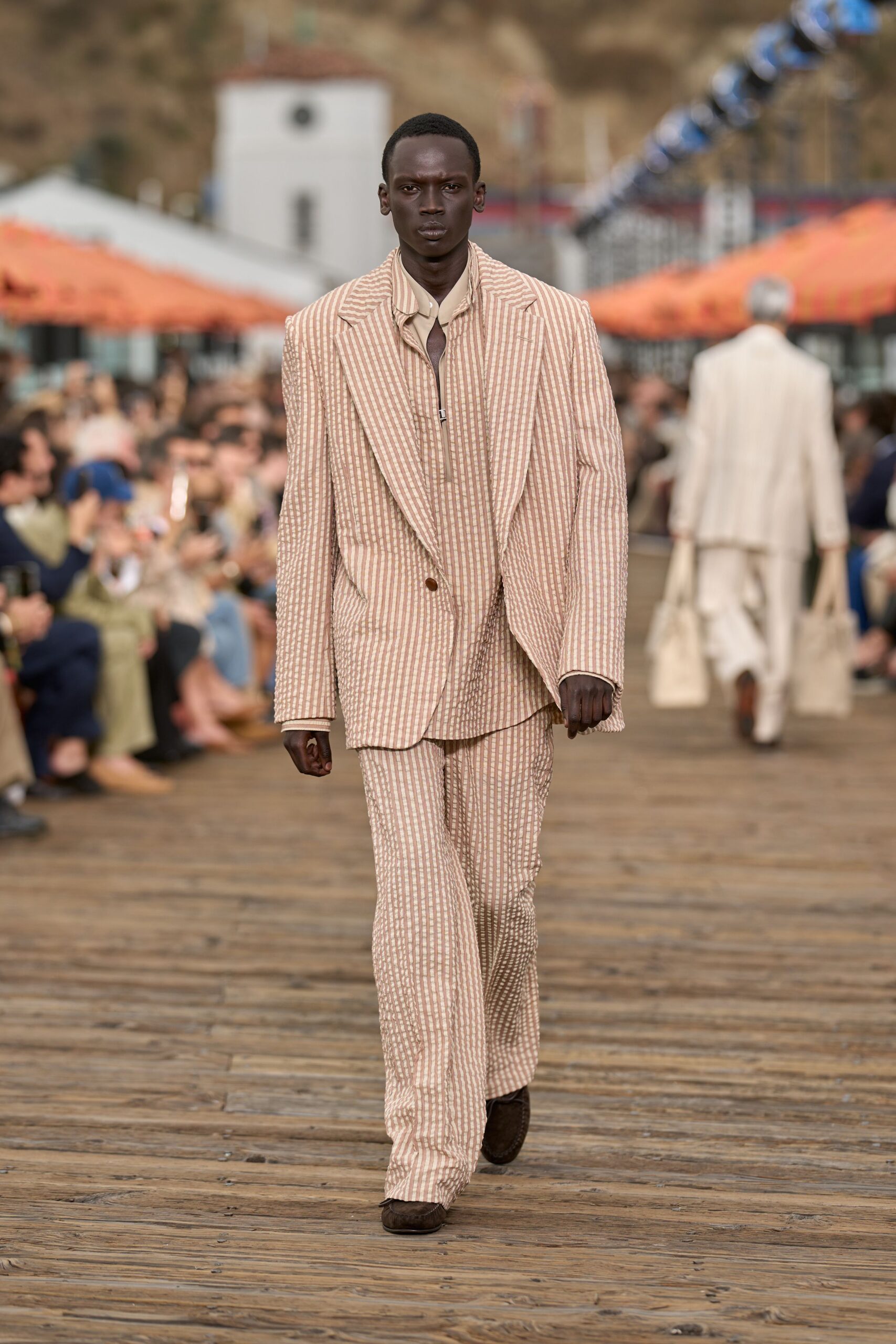 beige cotton long-sleeve collared tailored striped suit