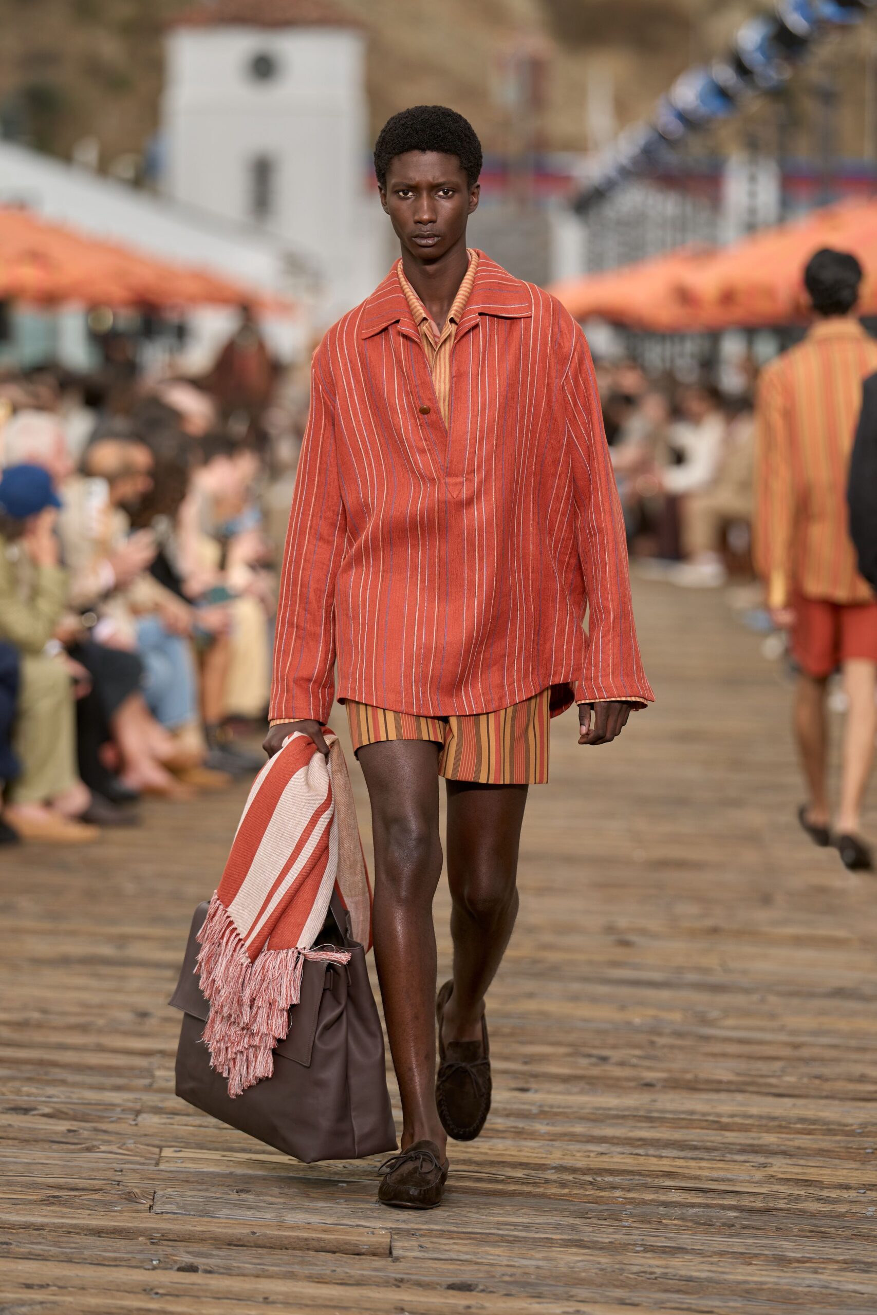 red cotton long-sleeve collared relaxed striped shirt