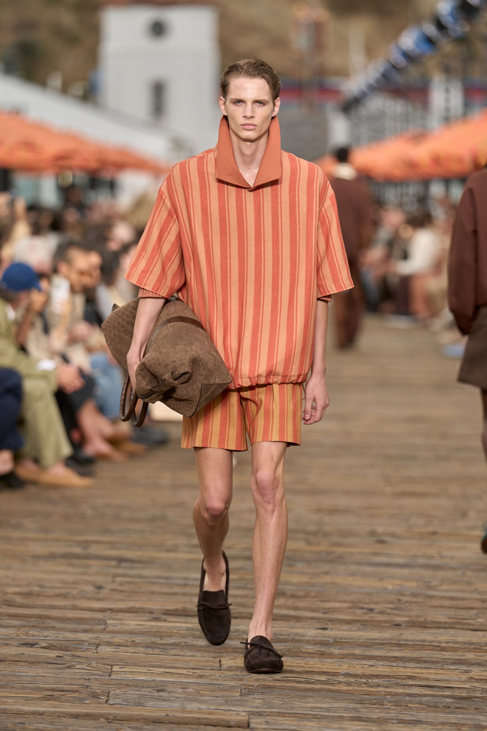 orange cotton relaxed striped shorts