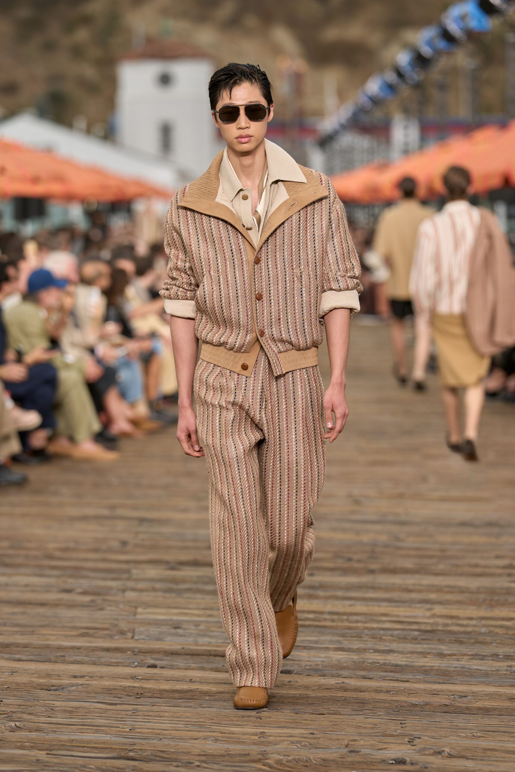 brown cotton long-sleeve collared relaxed striped zippered jacket