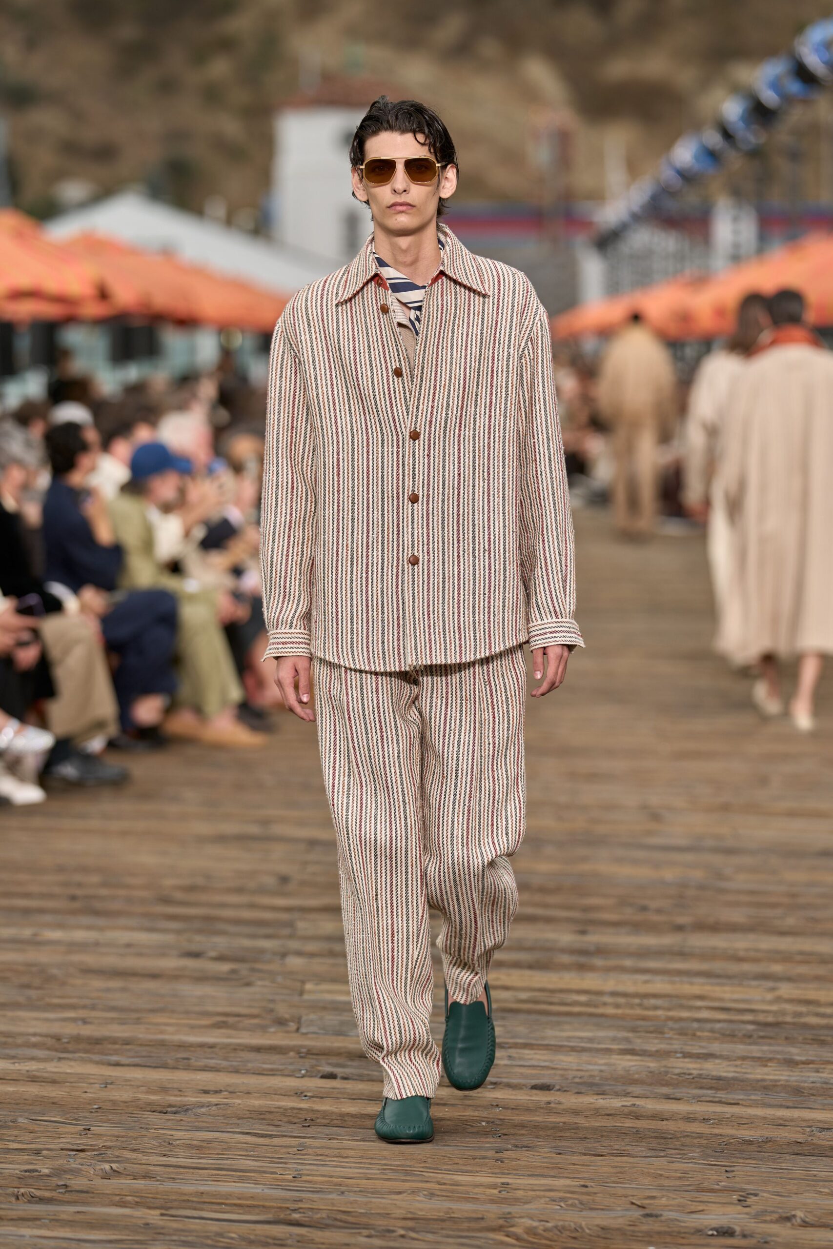 beige striped shirt and pants