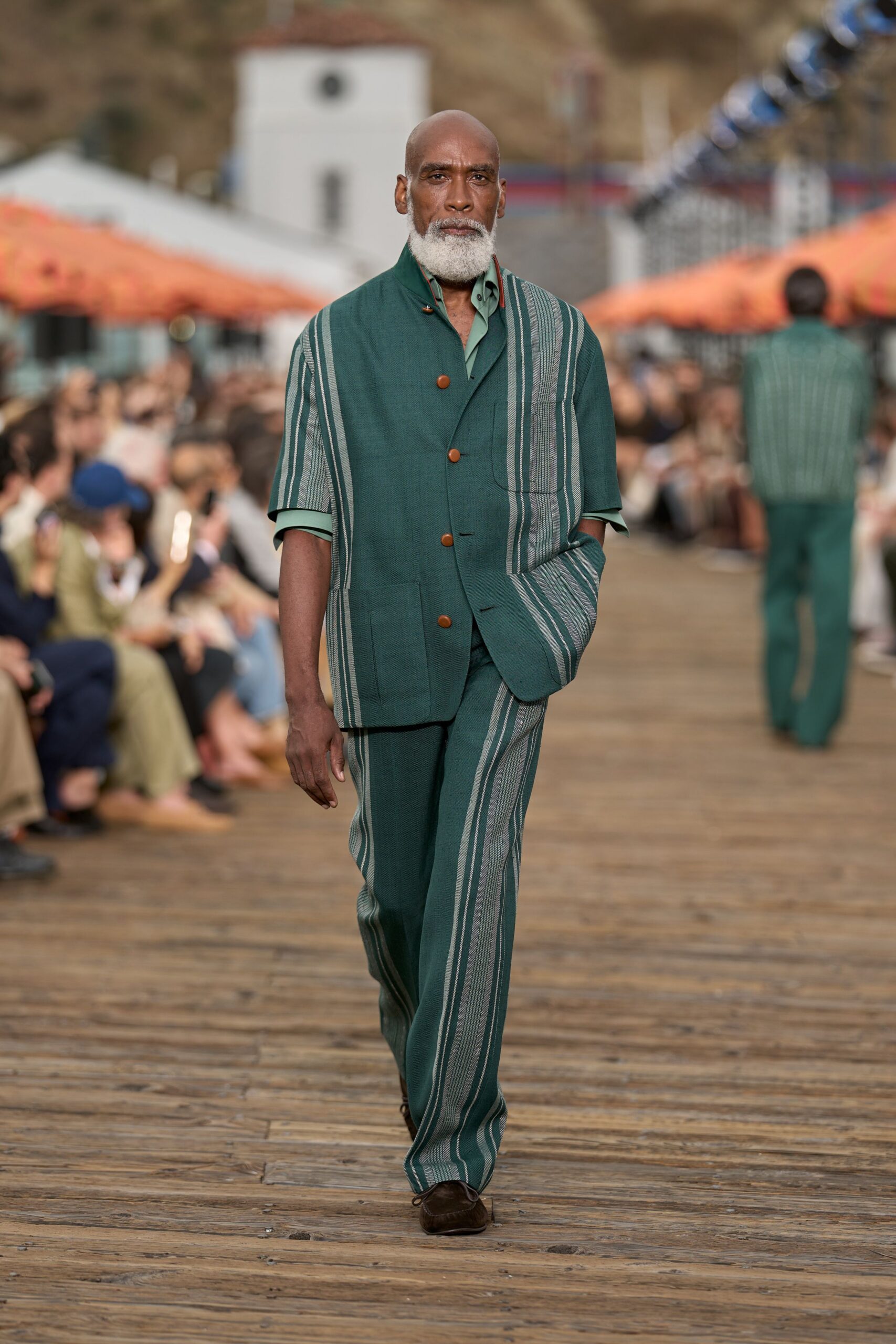 green cotton relaxed striped straight-leg pants