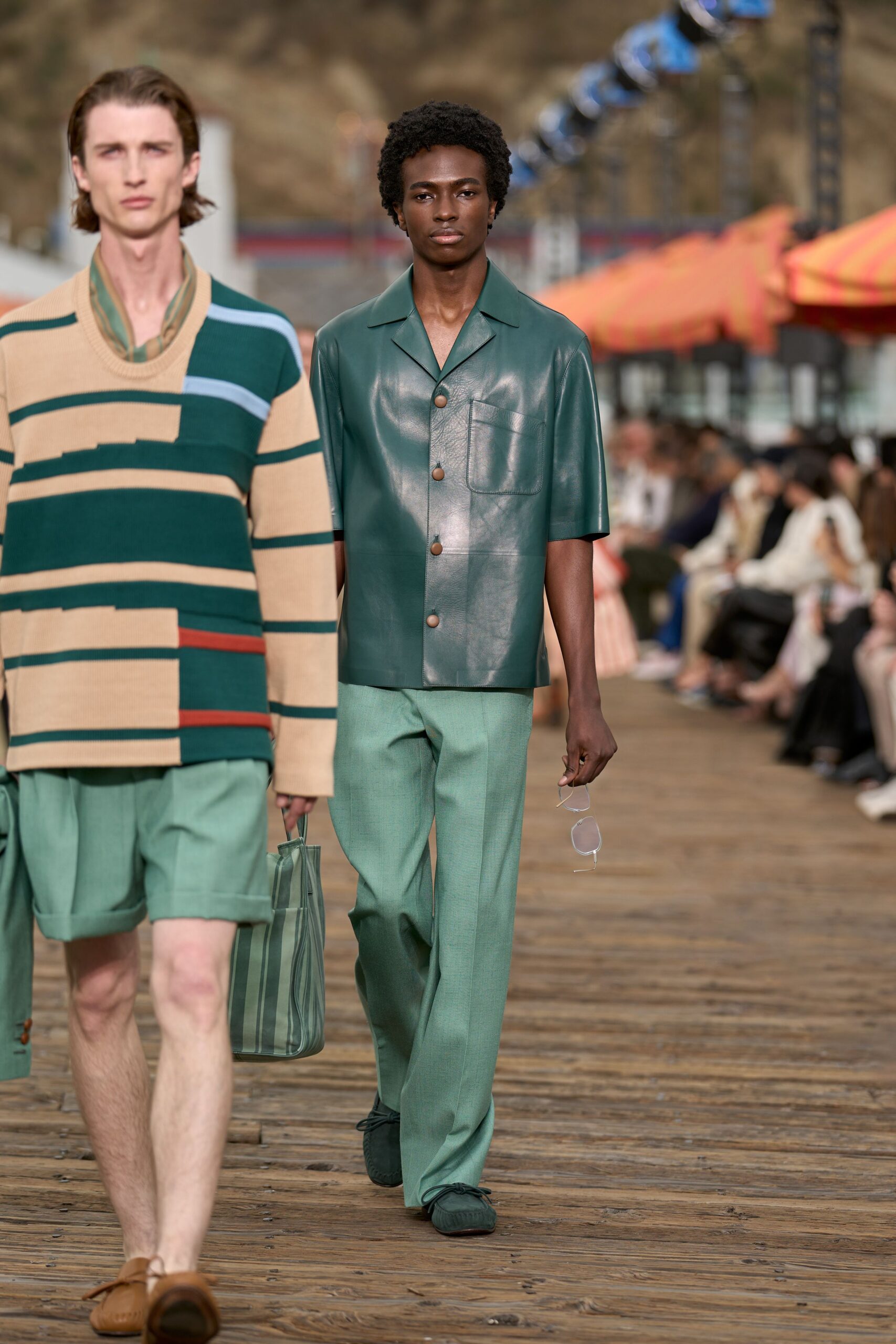 green leather short-sleeve collared fitted shirt