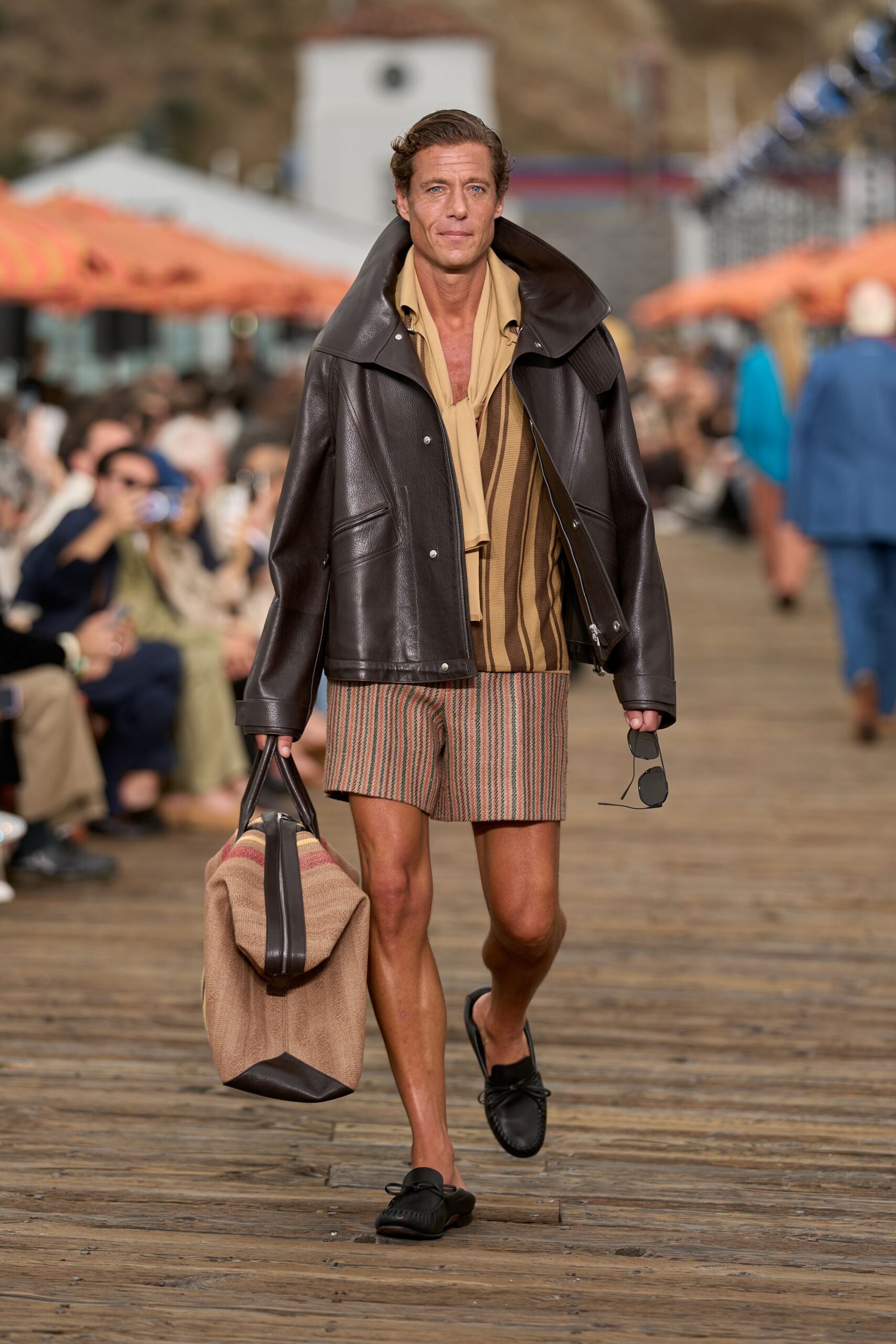 brown leather long-sleeve collared relaxed jacket