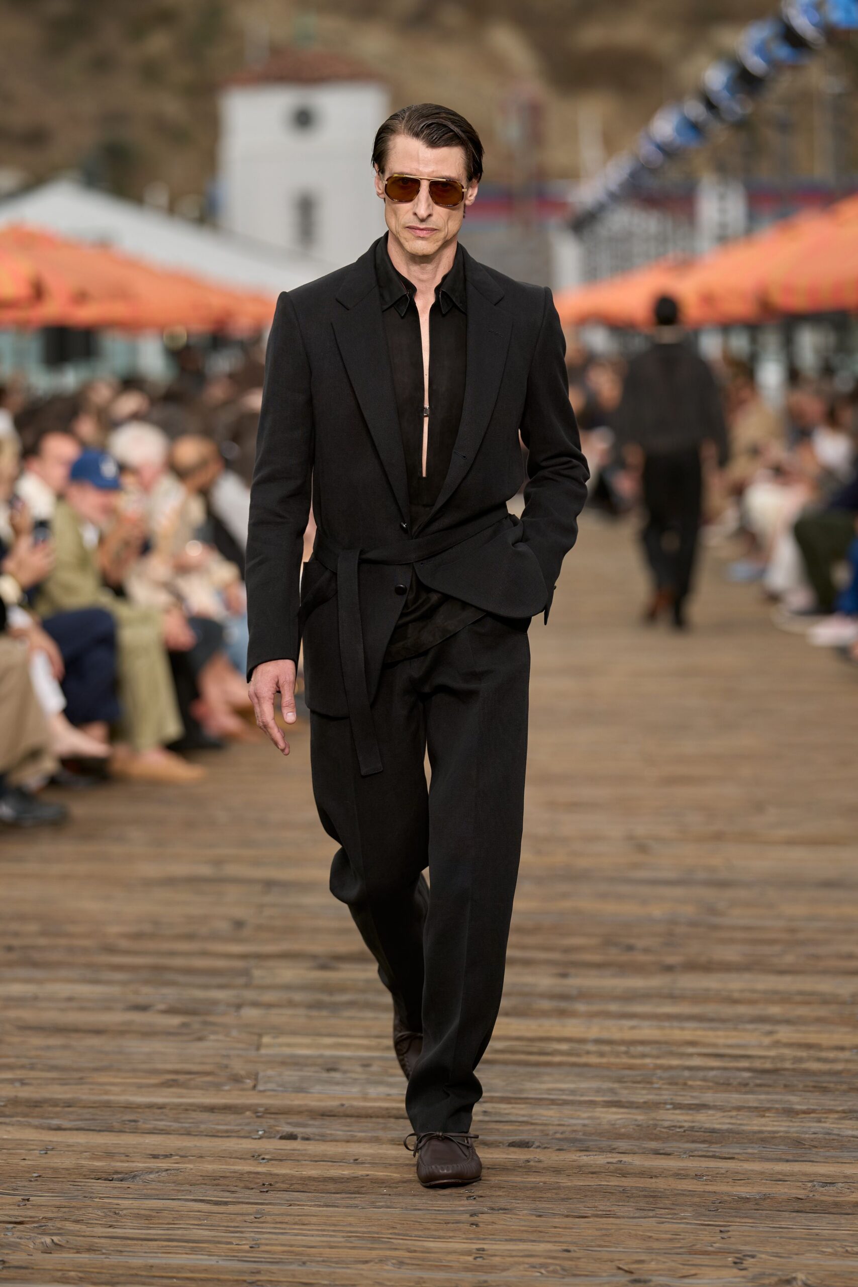 black wool tailored straight-leg pants