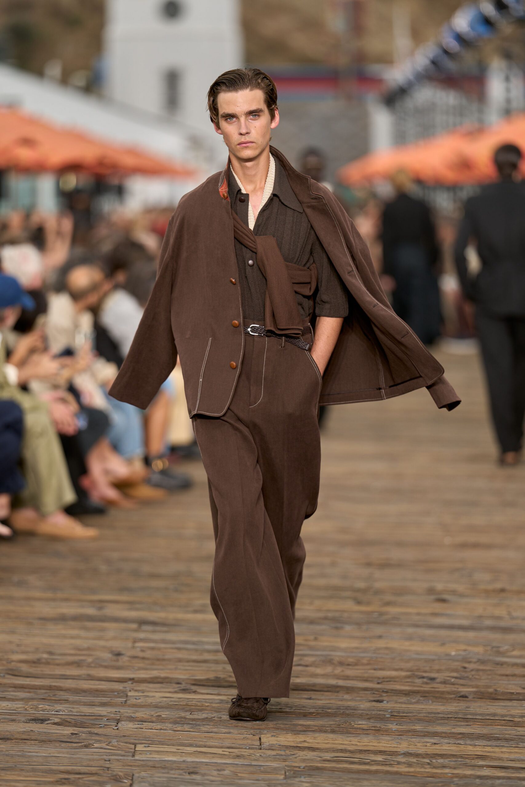 brown cotton tailored straight-leg pants