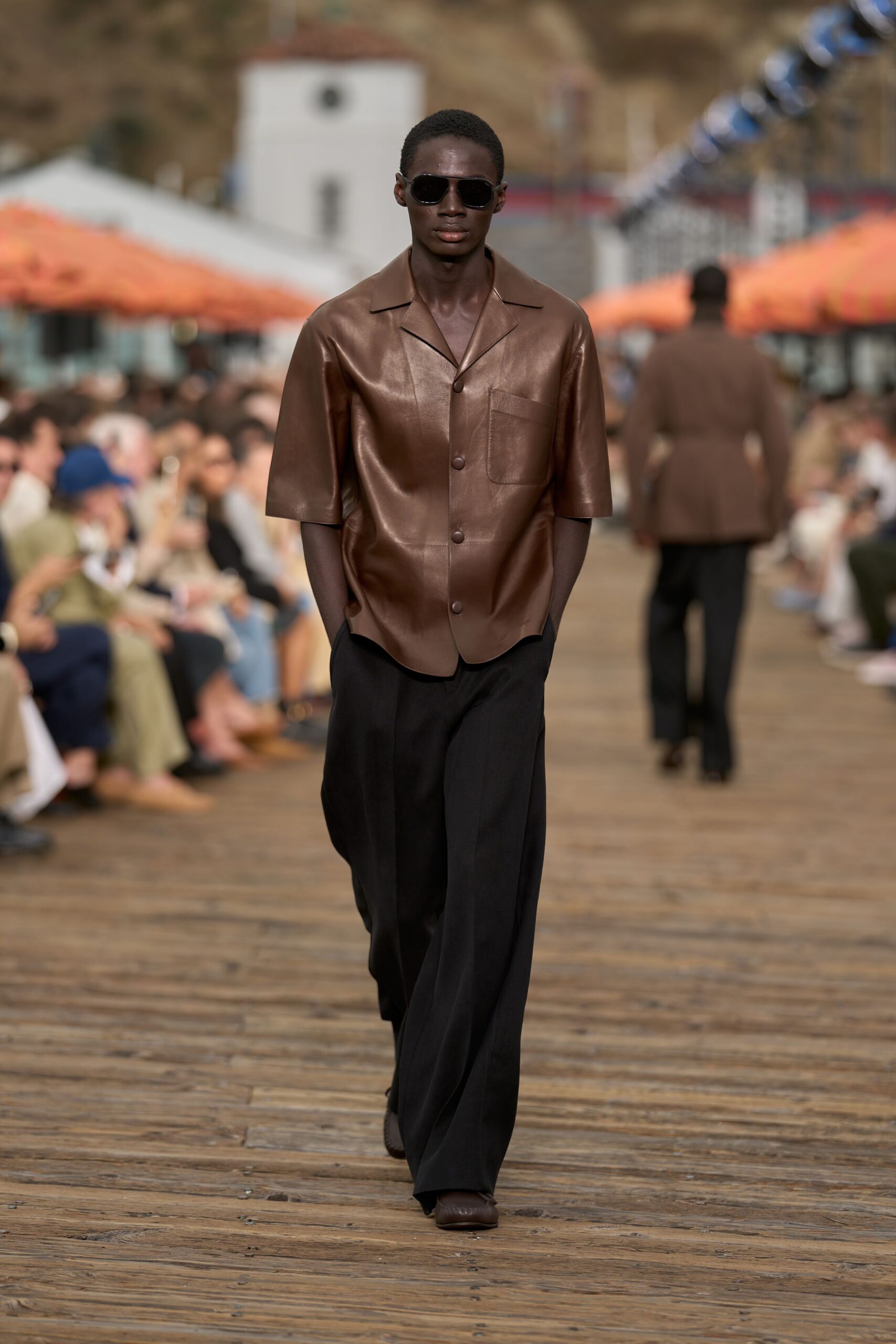 brown leather short-sleeve collared relaxed shirt