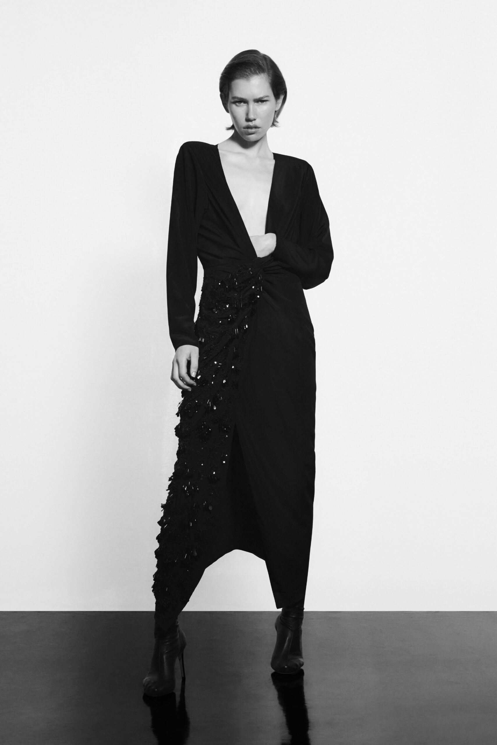 black silk long-sleeve v-neck fitted ruched embellished dress