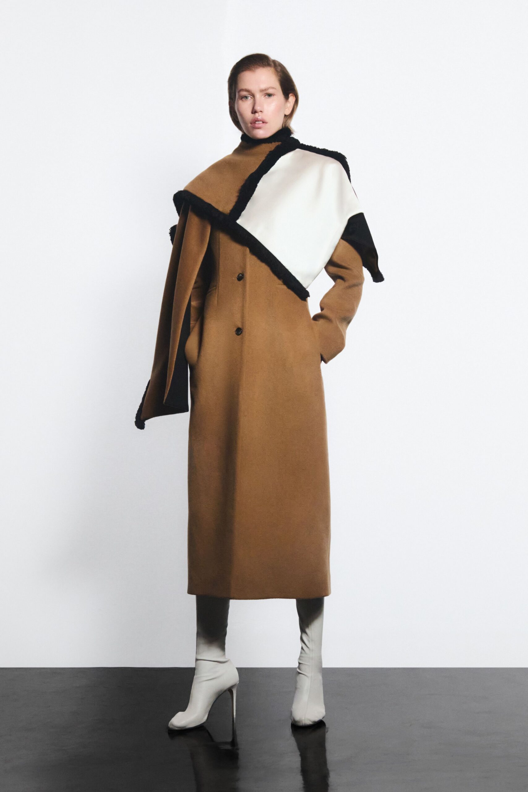 brown wool long-sleeve collared fitted buttoned layered coat