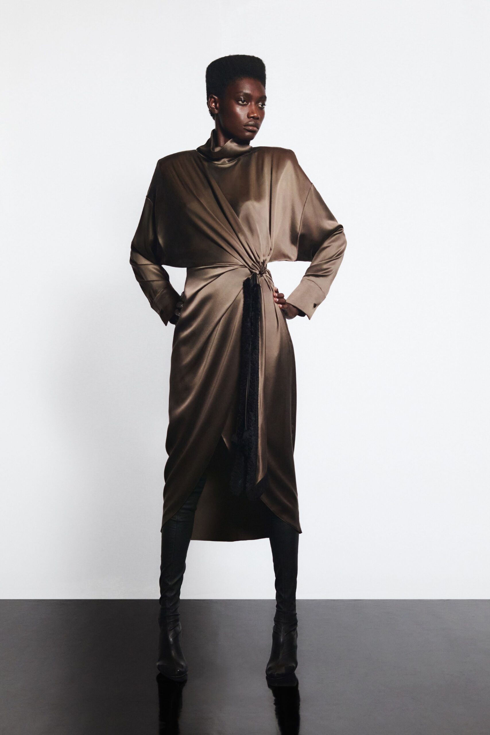 brown silk long-sleeve high-neck relaxed draped belted dress