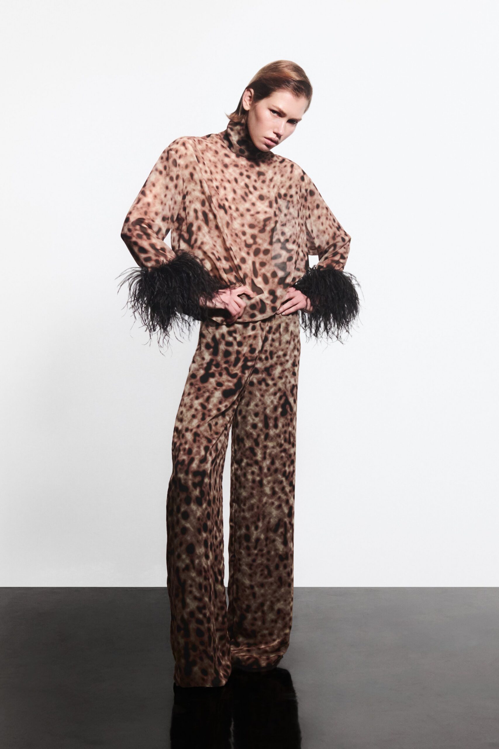 brown silk long-sleeve high-neck relaxed animal-print fringed top