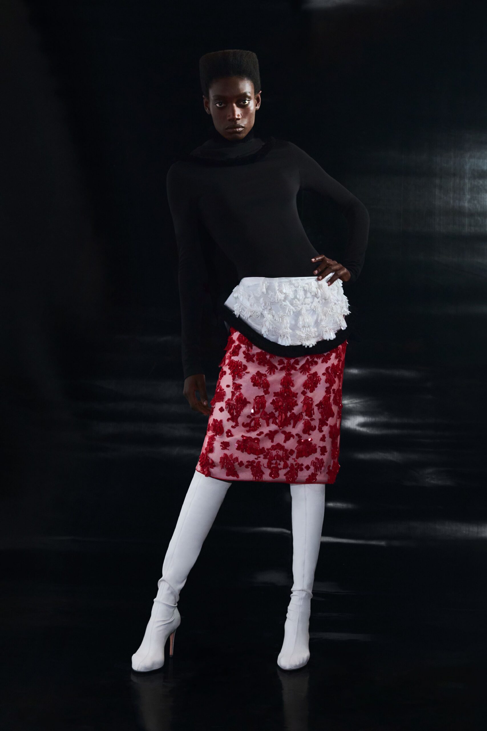 red silk fitted embroidered pencil skirt