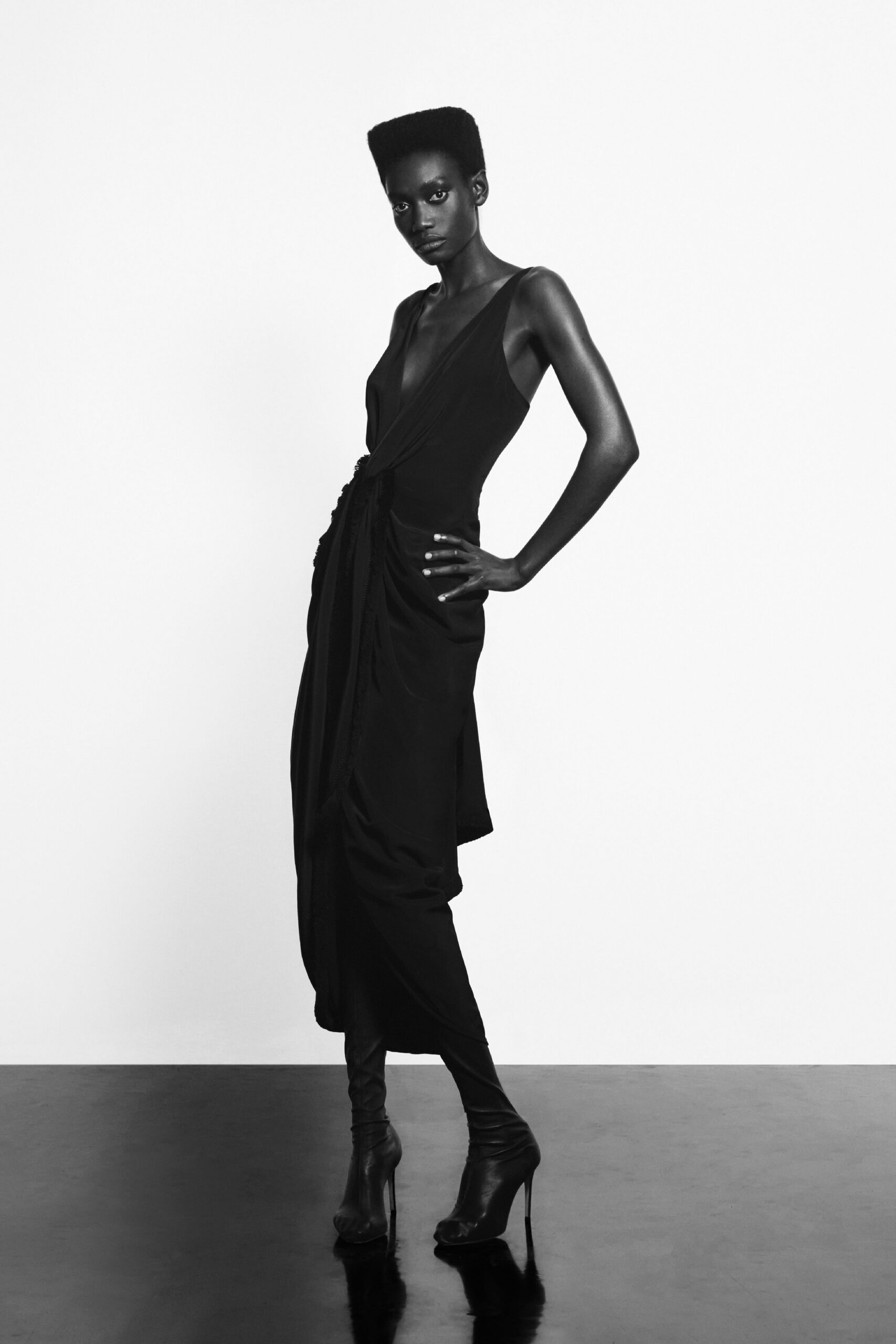 black silk sleeveless v-neck fitted draped midi dress
