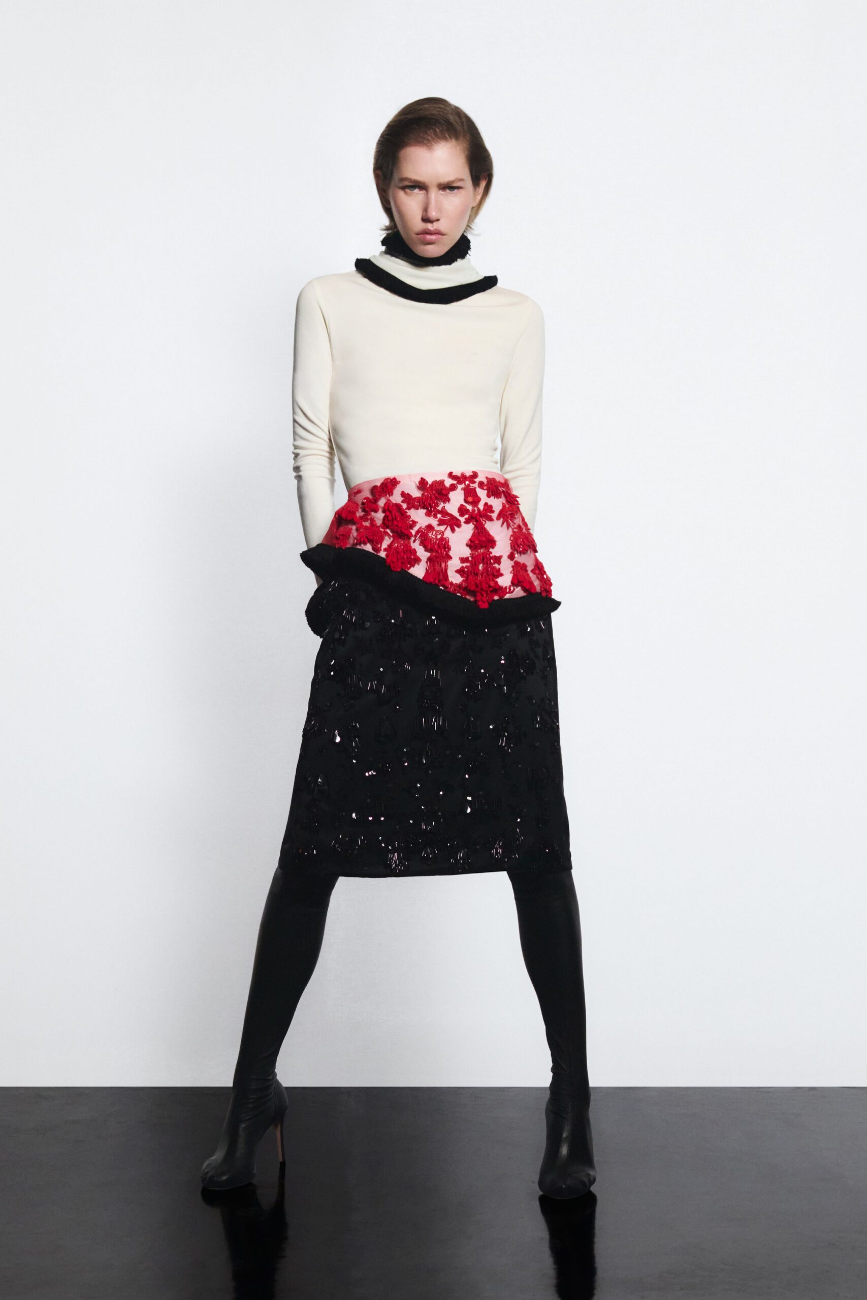 white cotton long-sleeve high-neck fitted ruffled layered top