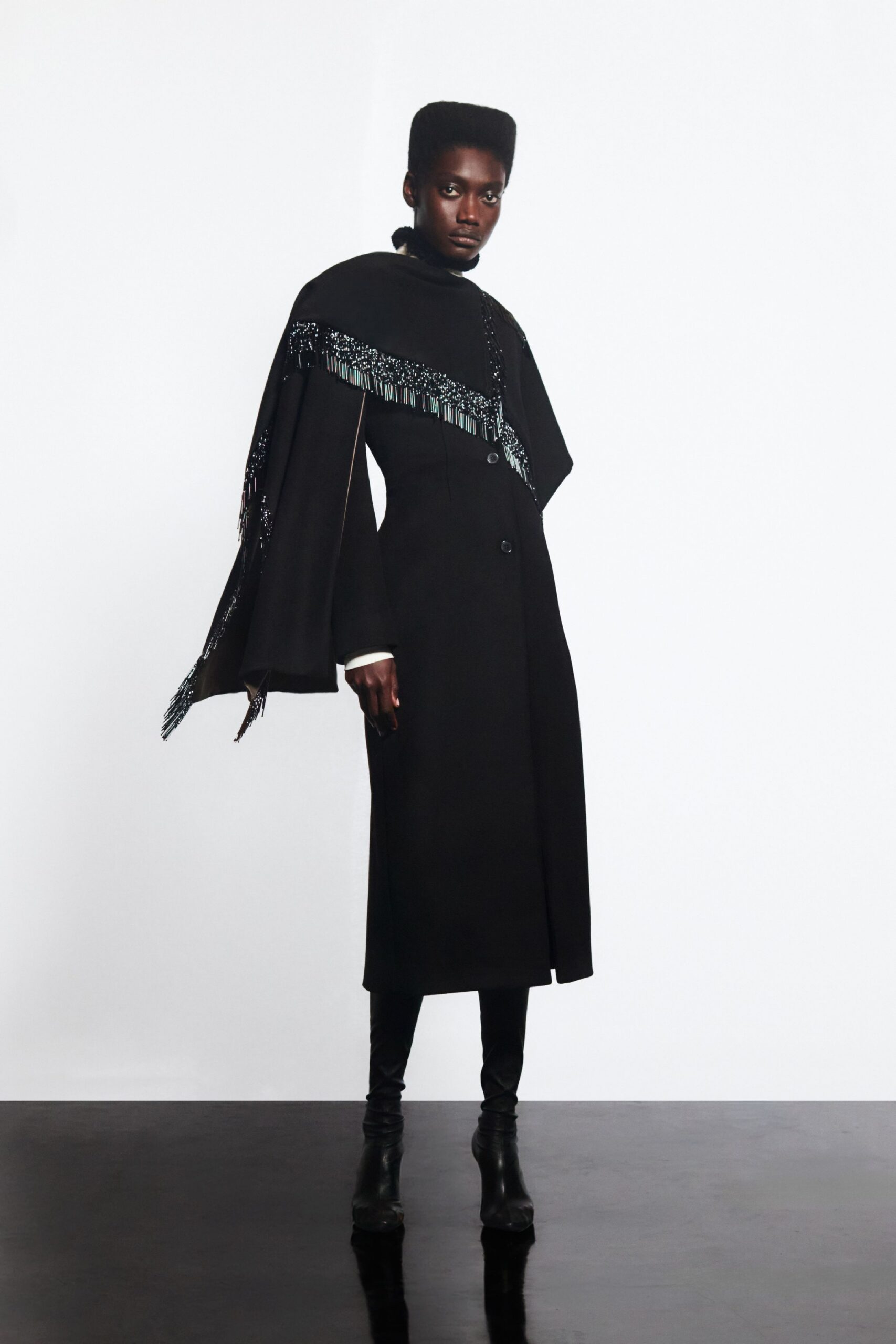 black wool long-sleeve collared fitted fringed maxi coat