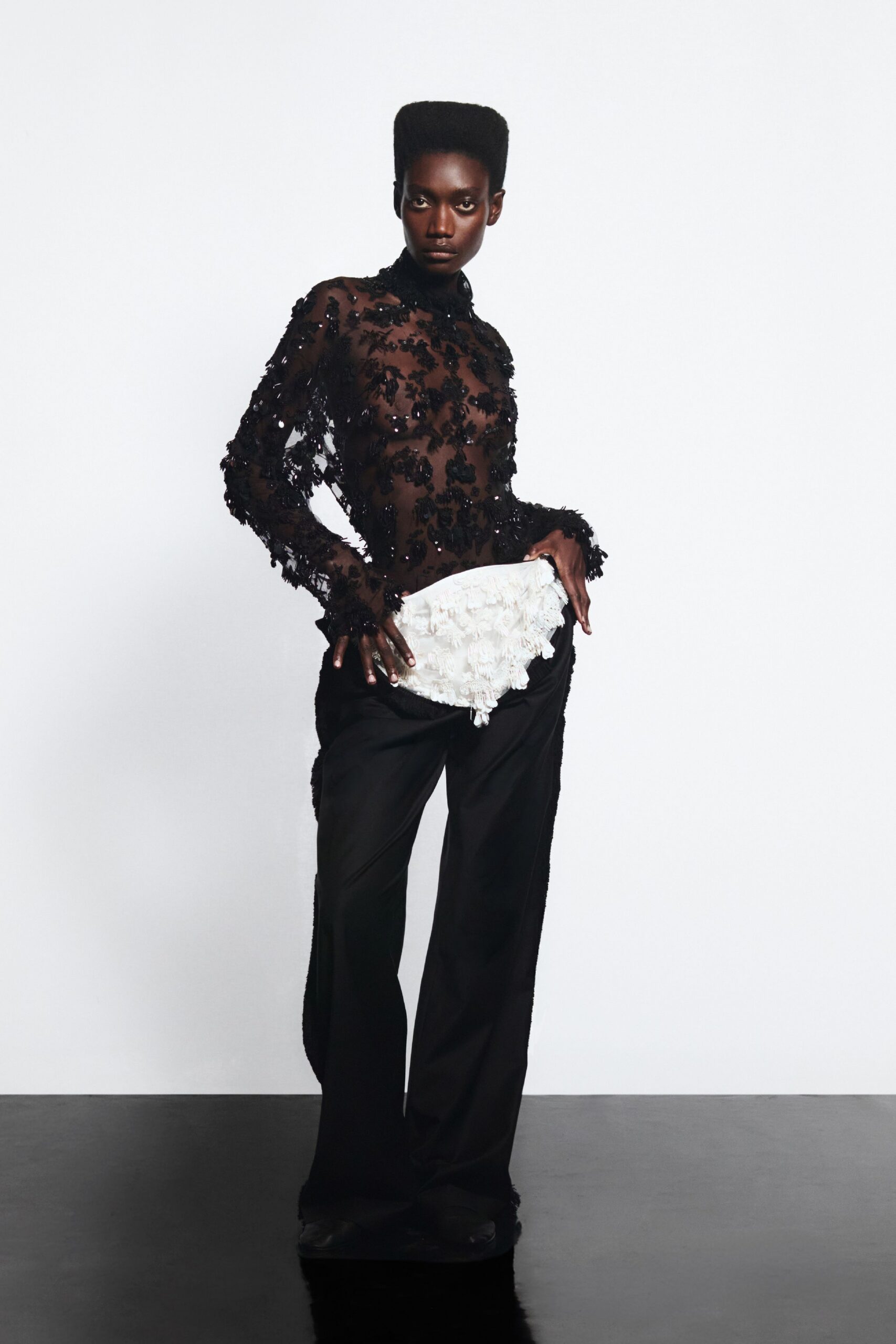 black silk fitted straight-leg pants