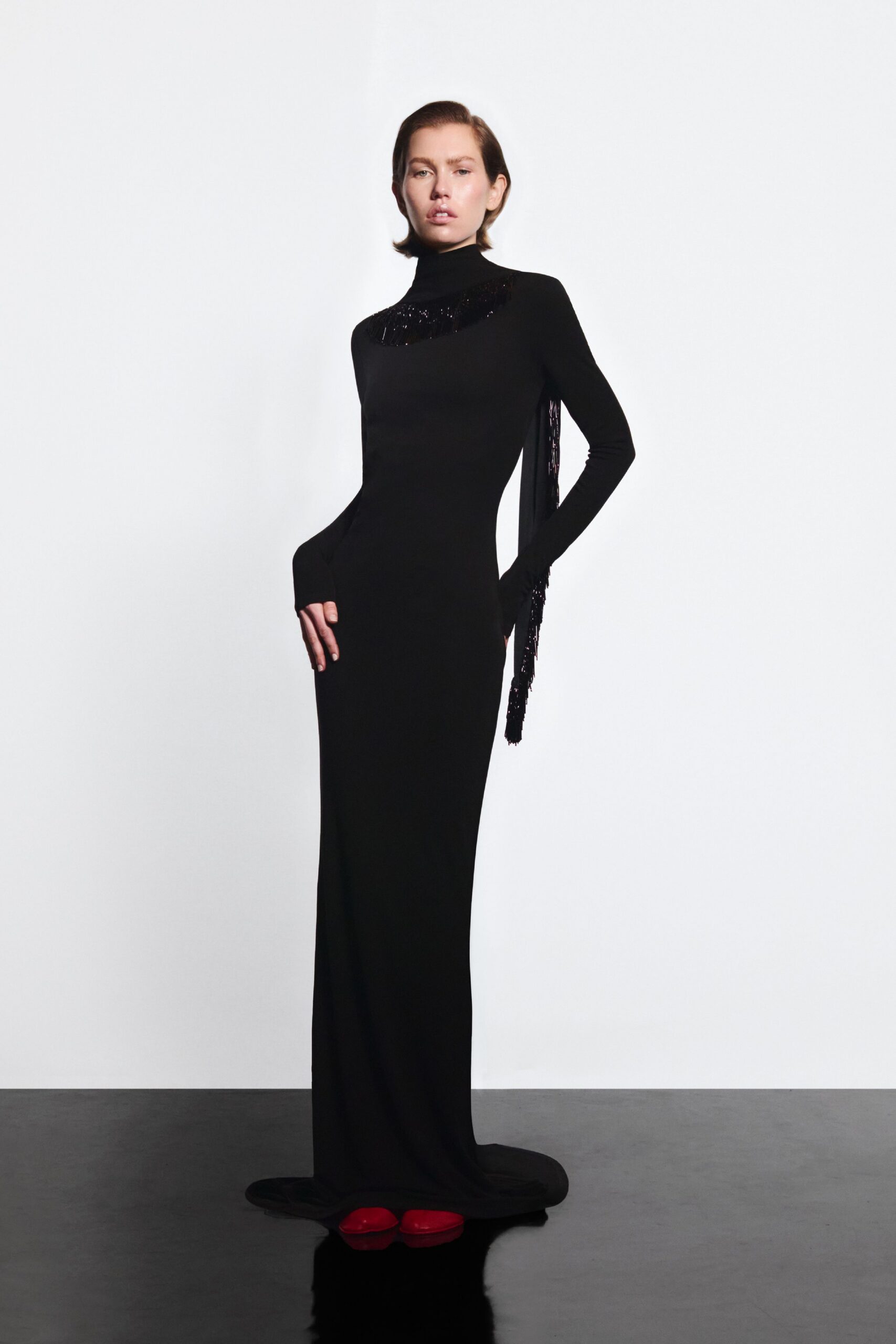 black silk long-sleeve high-neck fitted embellished maxi gown