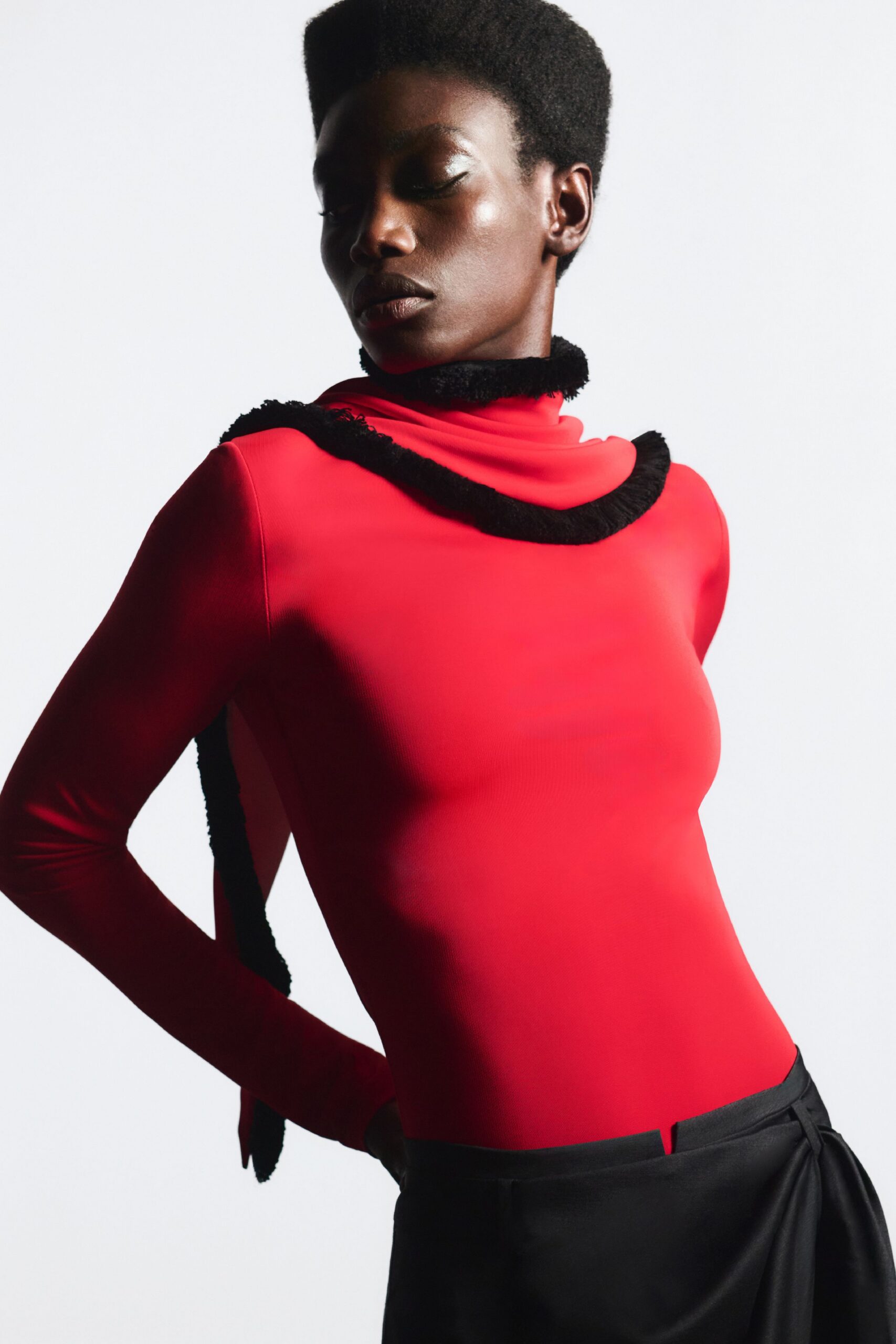 red cotton long-sleeve turtleneck fitted draped top
