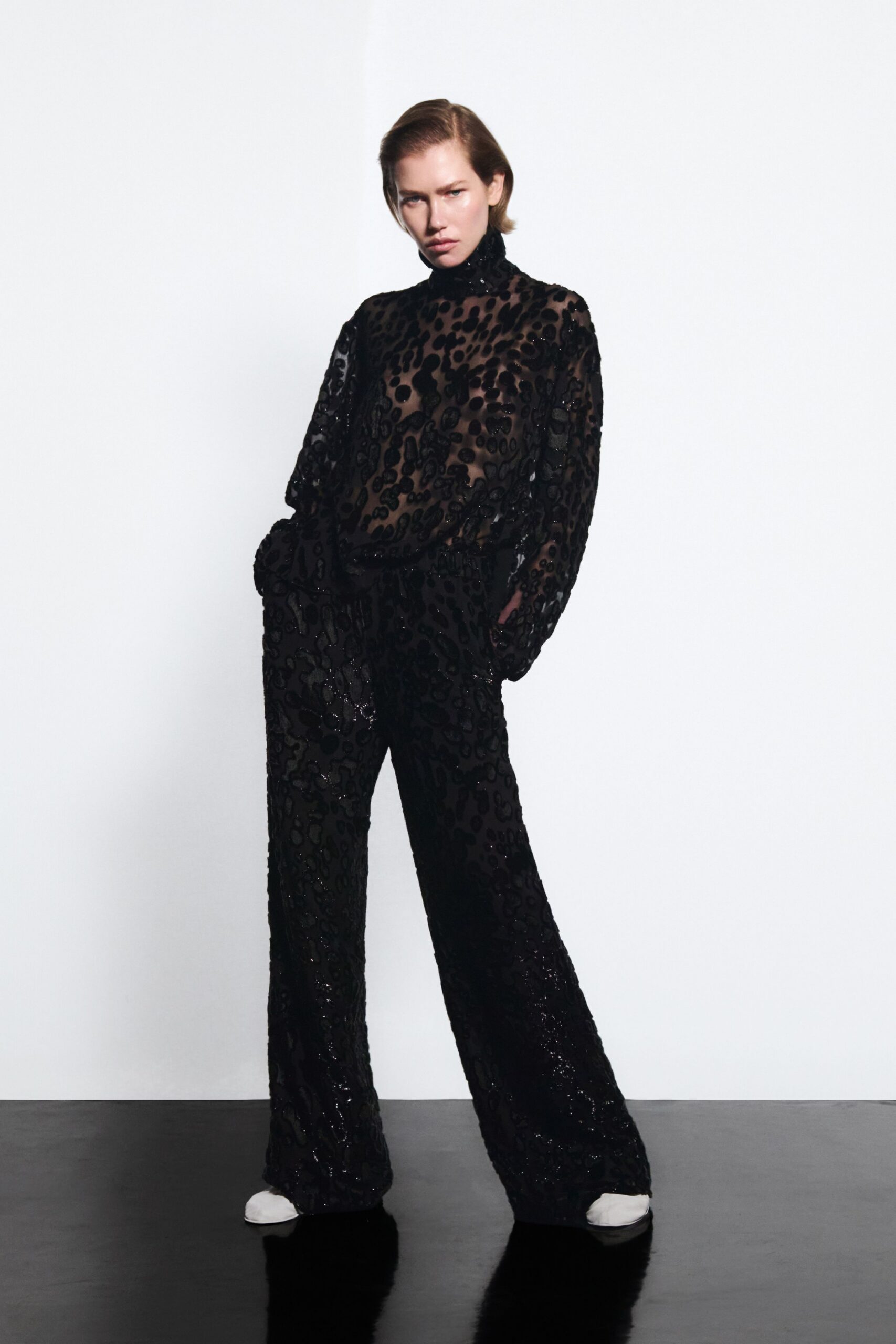 black sequin long-sleeve turtleneck relaxed embellished sheer top