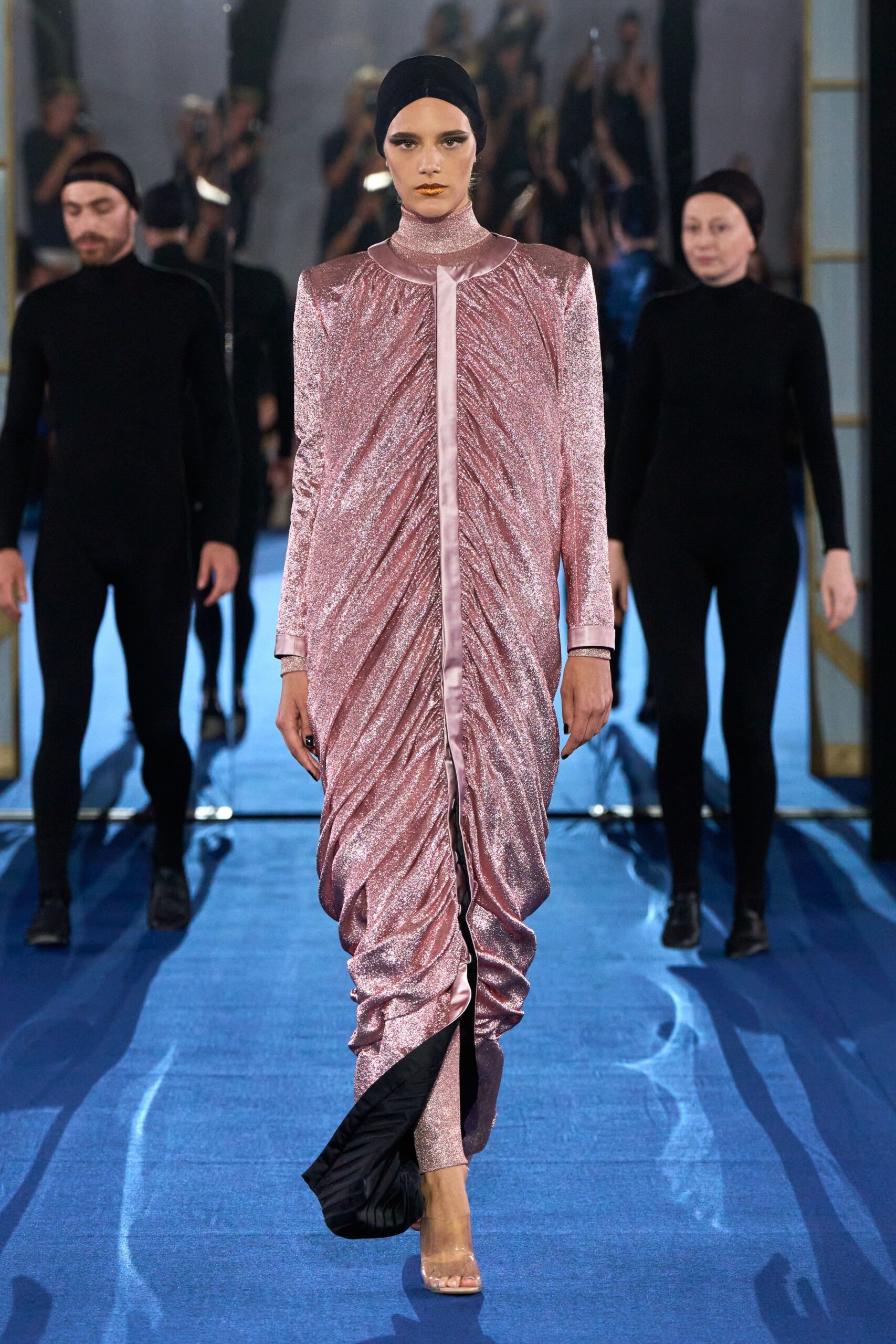pink metallic ruched gown