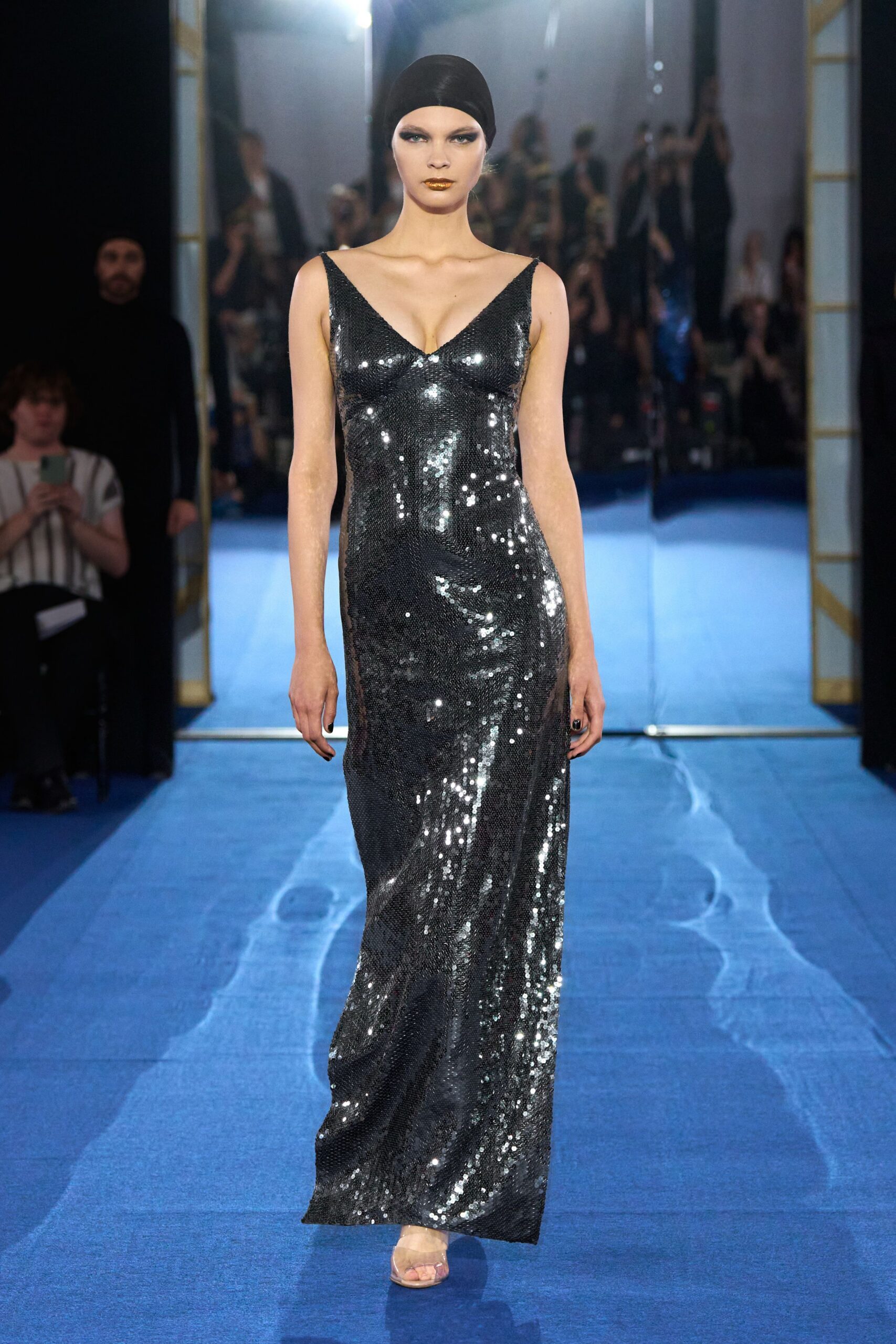 black sequin sleeveless v-neck fitted shiny maxi gown